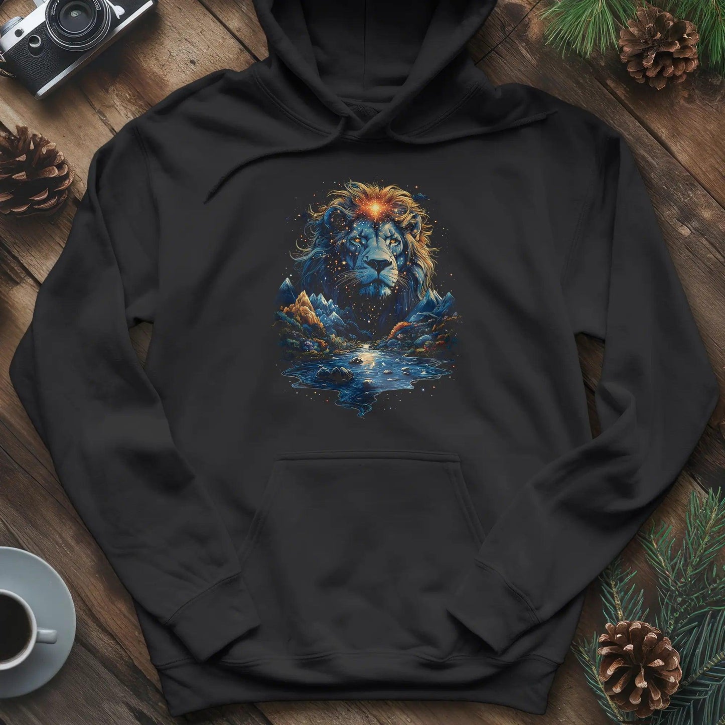 Majestic Lion Landscape Hoodie – Black – Outdoor apparel for travel, hiking, camping, and nature lovers – ExpediCamp