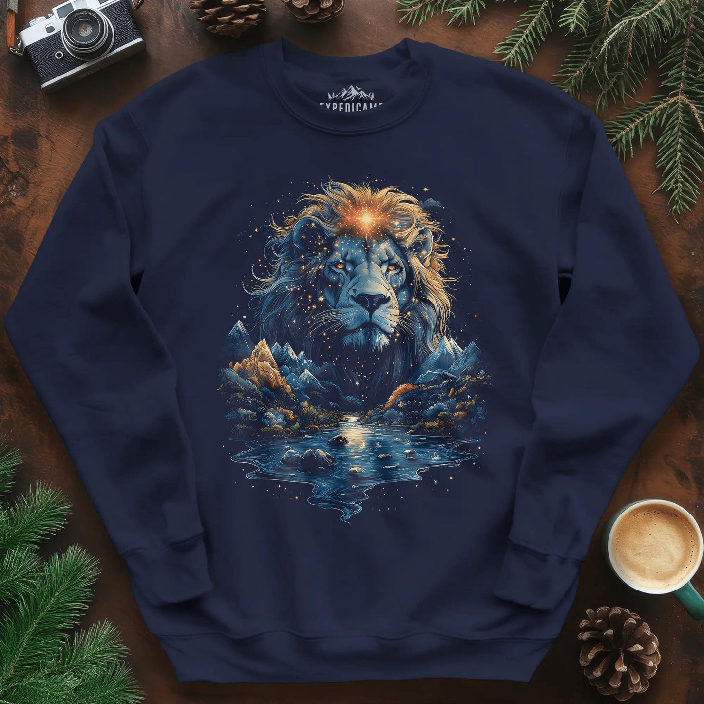 Majestic Lion Landscape Sweatshirt – Navy – Outdoor apparel for travel, hiking, camping, and nature lovers – ExpediCamp