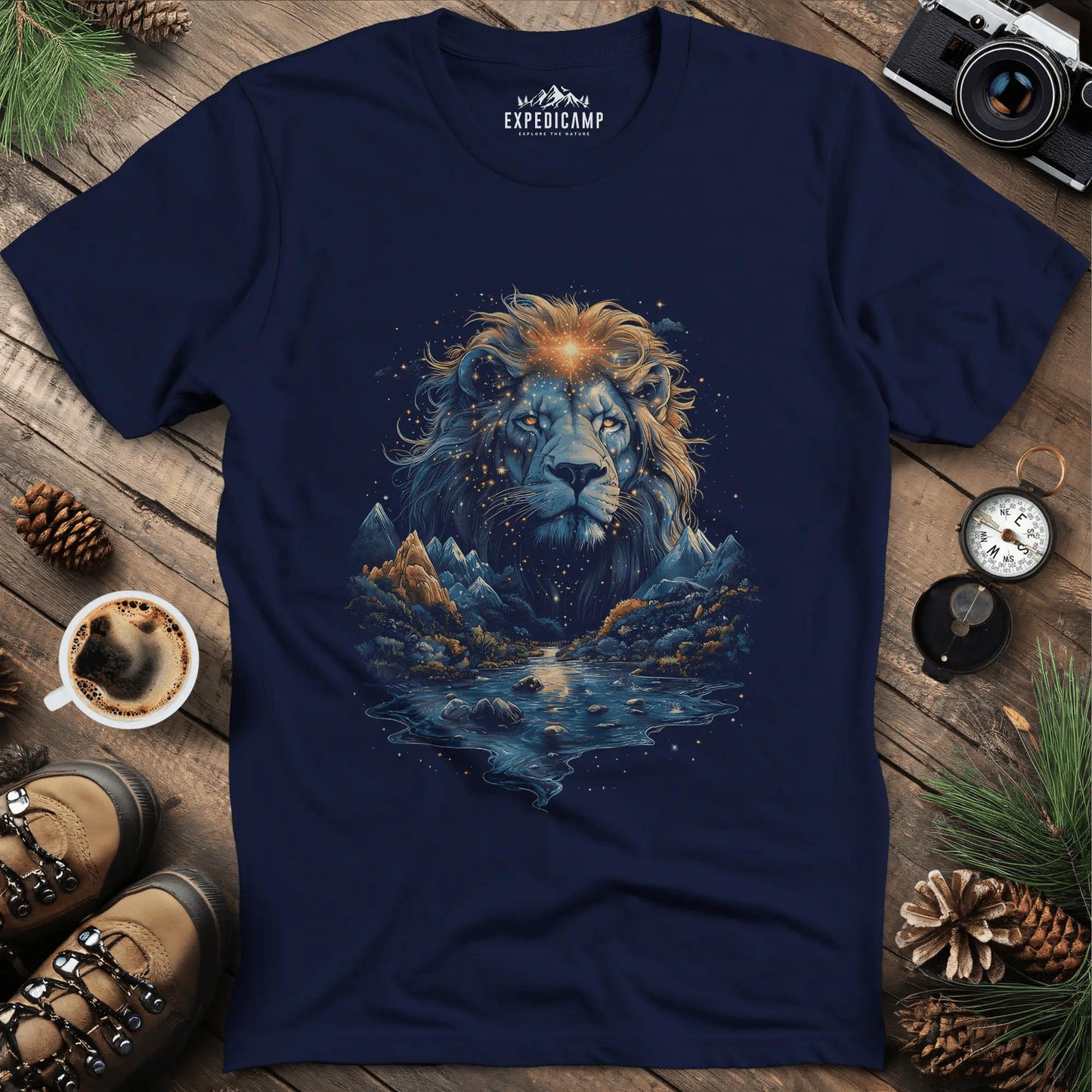 Majestic Lion Landscape T-Shirt – Navy – Outdoor apparel for travel, hiking, camping, and nature lovers – ExpediCamp