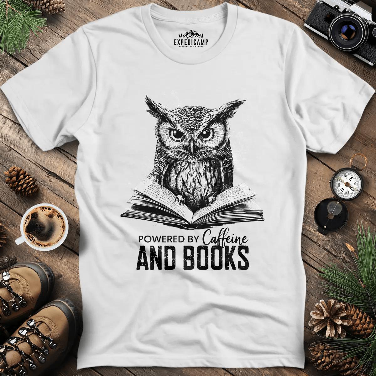Majestic Wise Owl Book and Coffee Lover T-Shirt – White – Outdoor apparel for travel, hiking, camping, and nature lovers – ExpediCamp