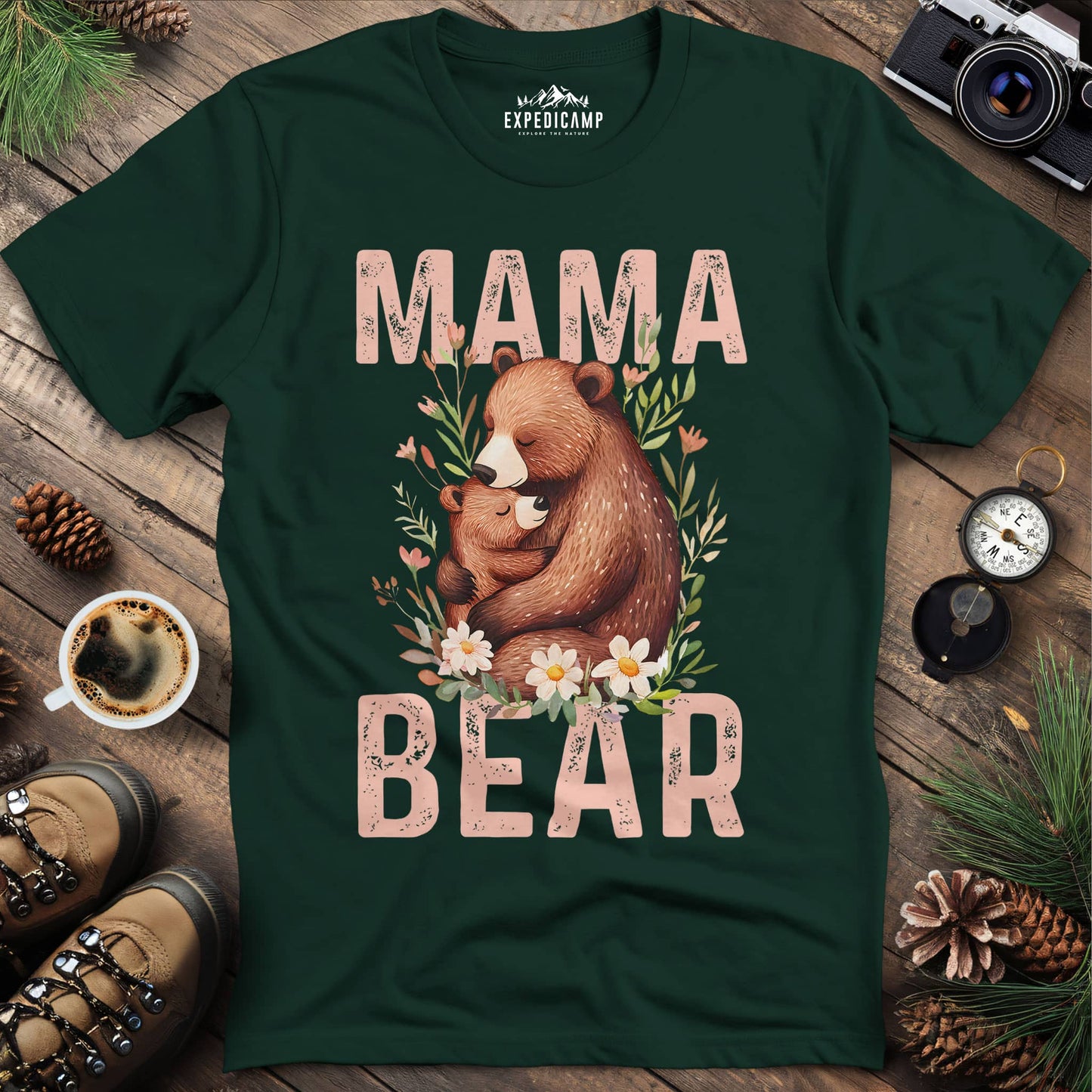 Mama Bear Floral Mother's Day T-Shirt – Forest Green – Outdoor apparel for travel, hiking, camping, and nature lovers – ExpediCamp