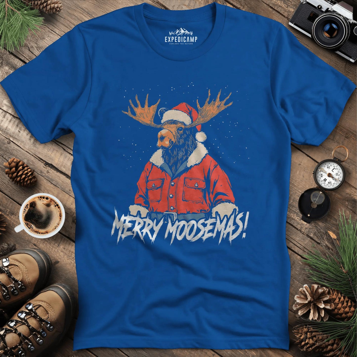 Merry Moosemas T-Shirt – Royal – Outdoor apparel for travel, hiking, camping, and nature lovers – ExpediCamp