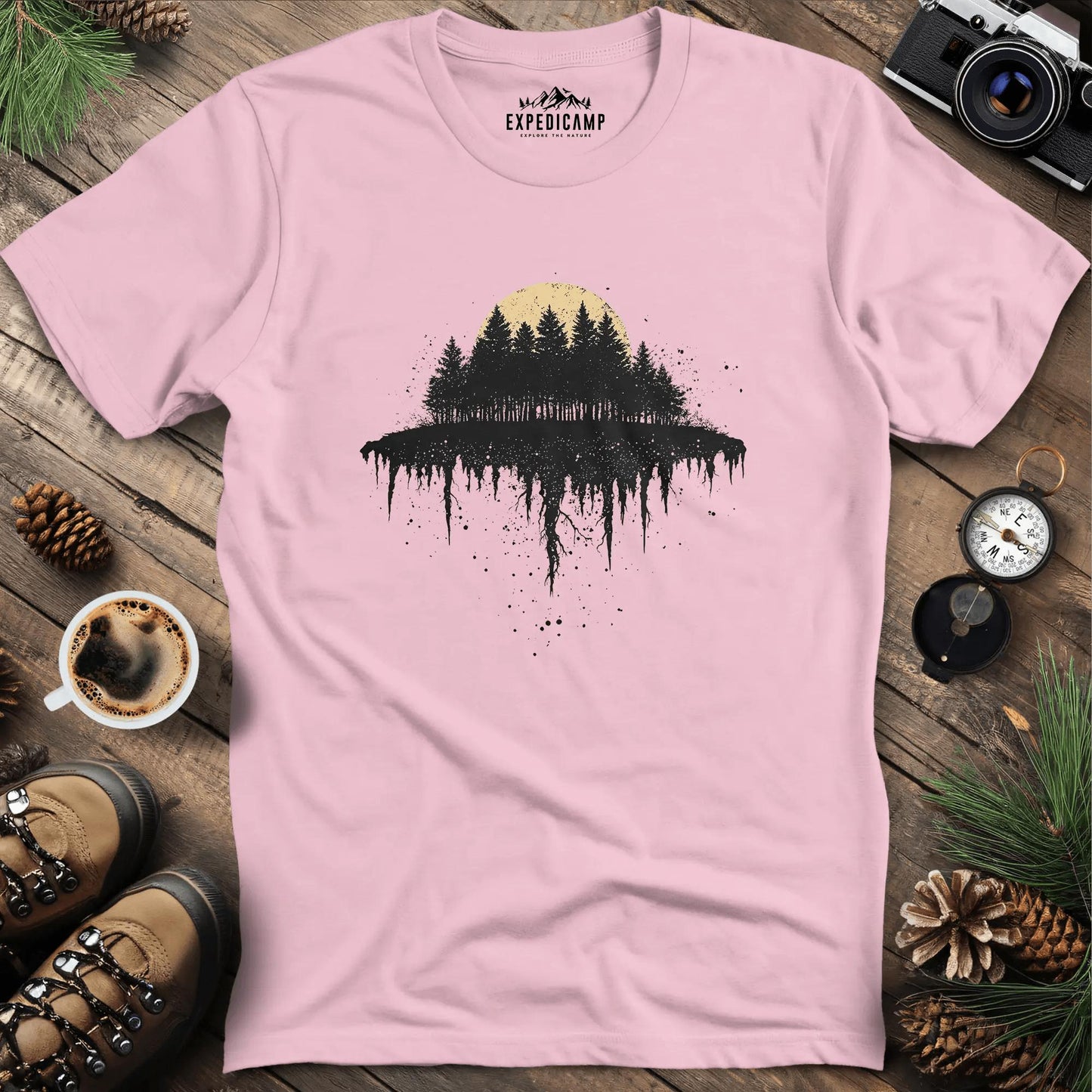 Moonlit Forest T-Shirt with Dripping Design – Light Pink – Outdoor apparel for travel, hiking, camping, and nature lovers – ExpediCamp
