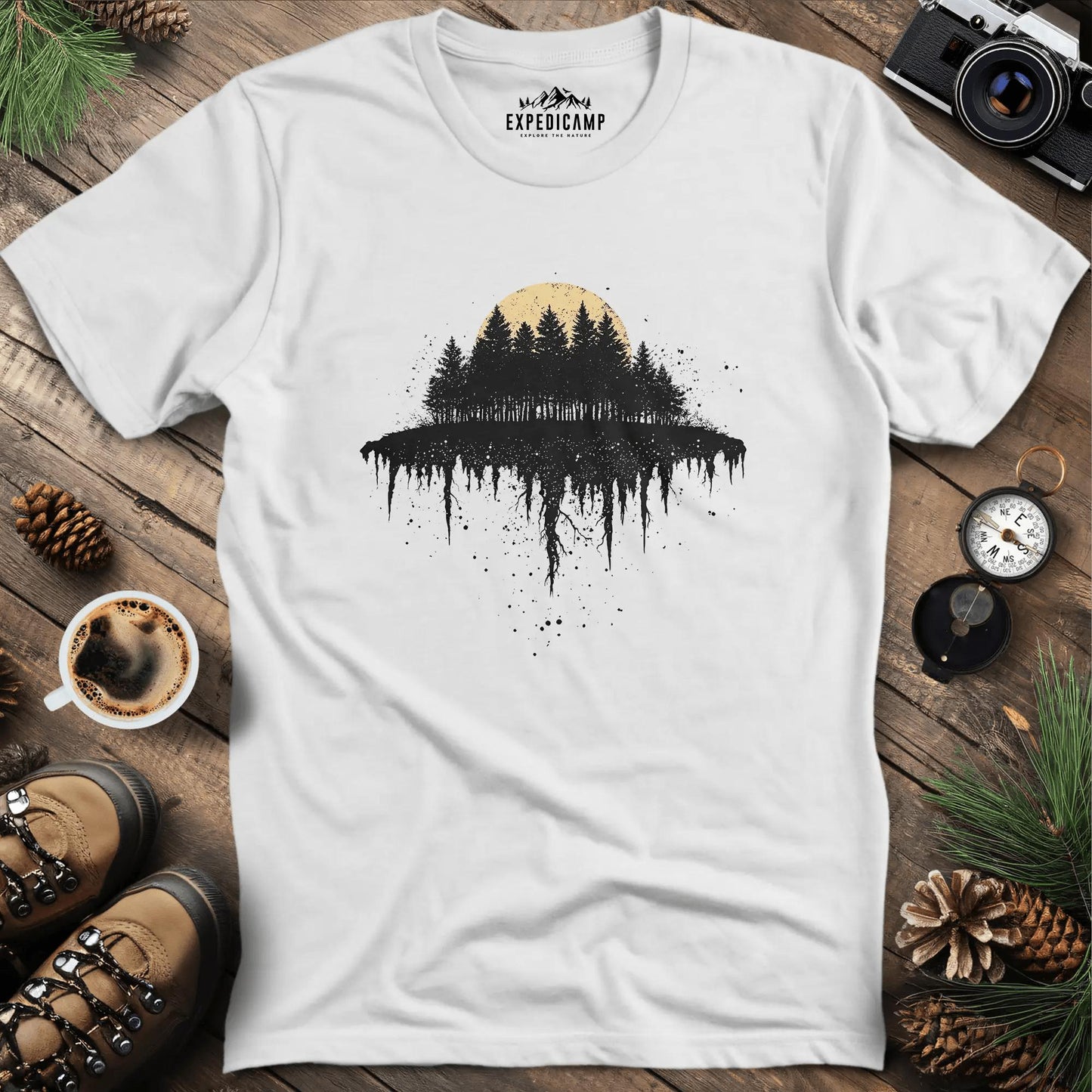 Moonlit Forest T-Shirt with Dripping Design – White – Outdoor apparel for travel, hiking, camping, and nature lovers – ExpediCamp