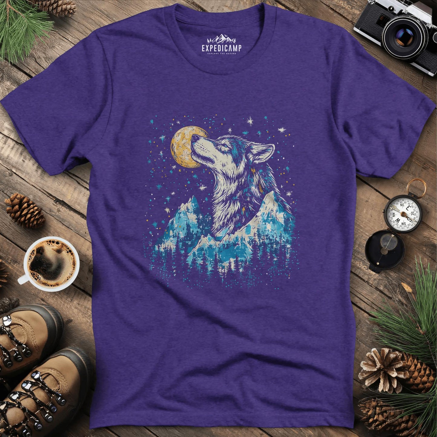 Moonlit Mountain Wolf T-Shirt – Heather Purple – Outdoor apparel for travel, hiking, camping, and nature lovers – ExpediCamp