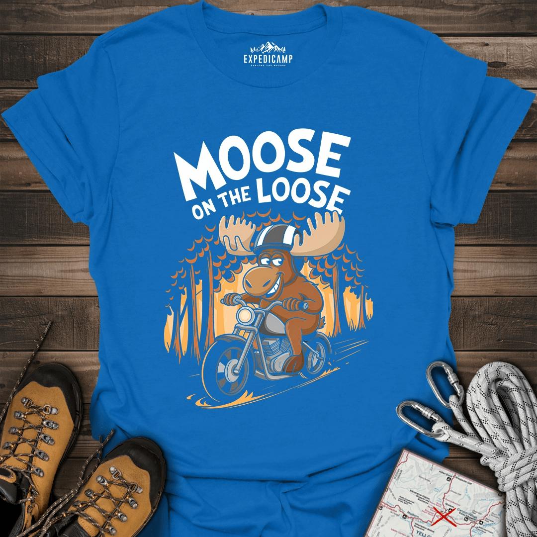 Moose On The Loose T-Shirt – Royal – Outdoor apparel for travel, hiking, camping, and nature lovers – ExpediCamp