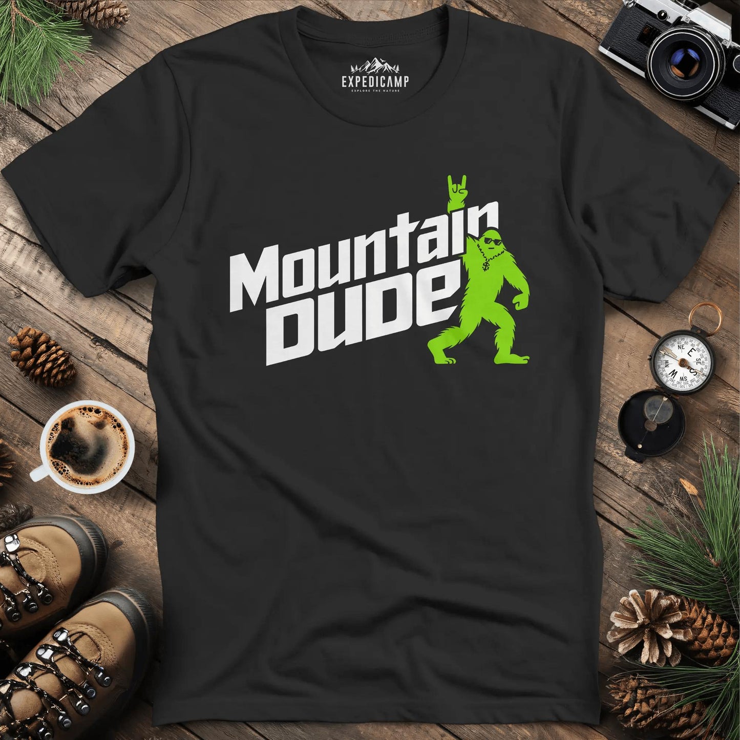 Mountain Dude Bigfoot T-Shirt – Black – Outdoor apparel for travel, hiking, camping, and nature lovers – ExpediCamp