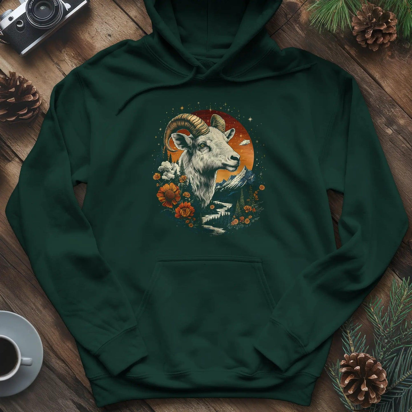 Mountain Goat Majesty Hoodie – Forest Green – Outdoor apparel for travel, hiking, camping, and nature lovers – ExpediCamp