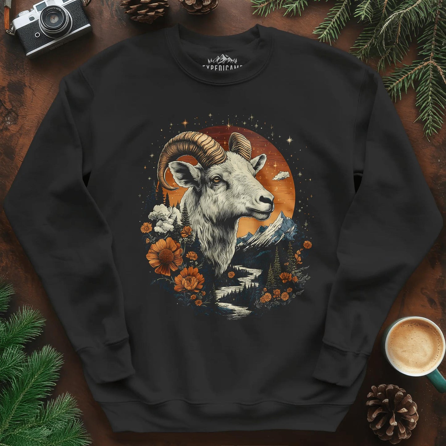 Mountain Goat Majesty Sweatshirt – Black – Outdoor apparel for travel, hiking, camping, and nature lovers – ExpediCamp