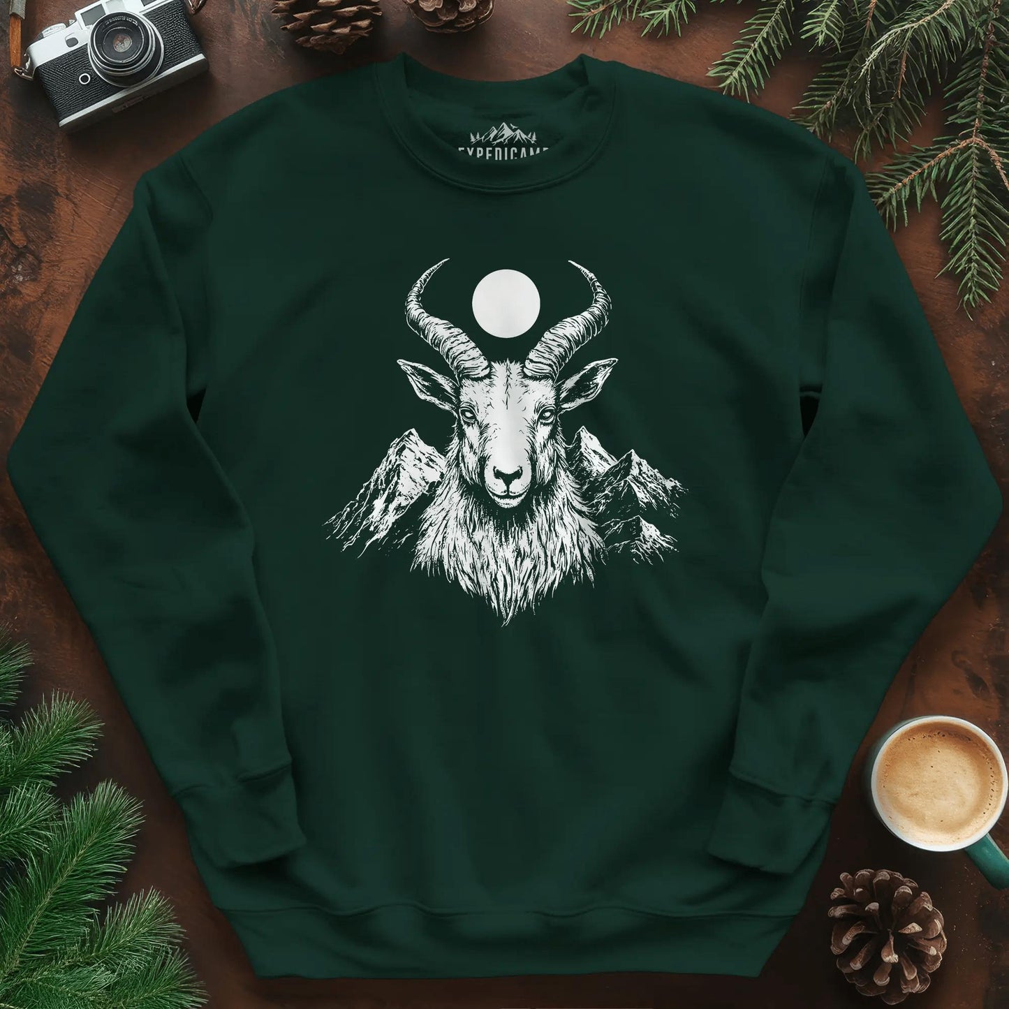 Mountain Goat Moon Sweatshirt – Forest Green – Outdoor apparel for travel, hiking, camping, and nature lovers – ExpediCamp