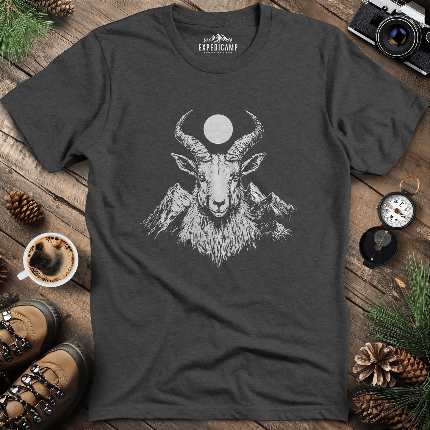 Mountain Goat Moon T-Shirt – Dark Heather – Outdoor apparel for travel, hiking, camping, and nature lovers – ExpediCamp