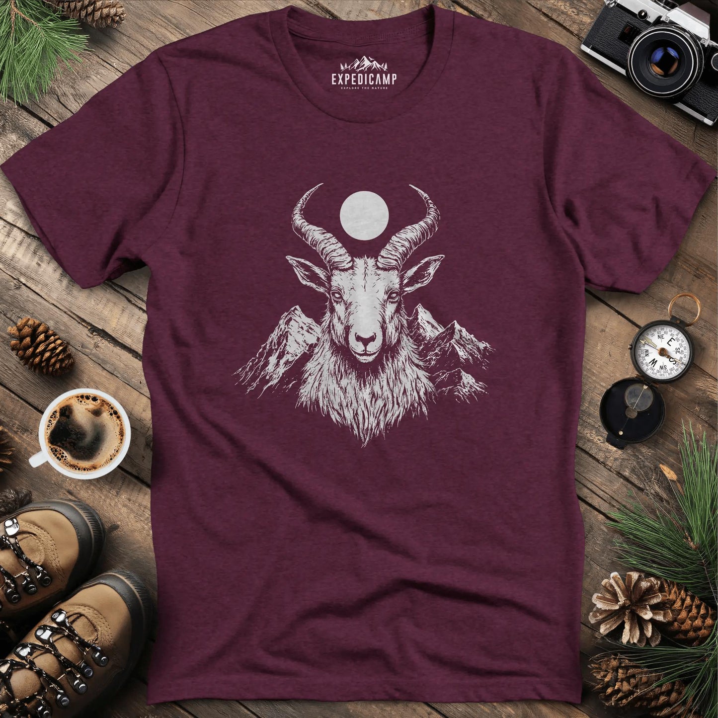 Mountain Goat Moon T-Shirt – Heather Maroon – Outdoor apparel for travel, hiking, camping, and nature lovers – ExpediCamp