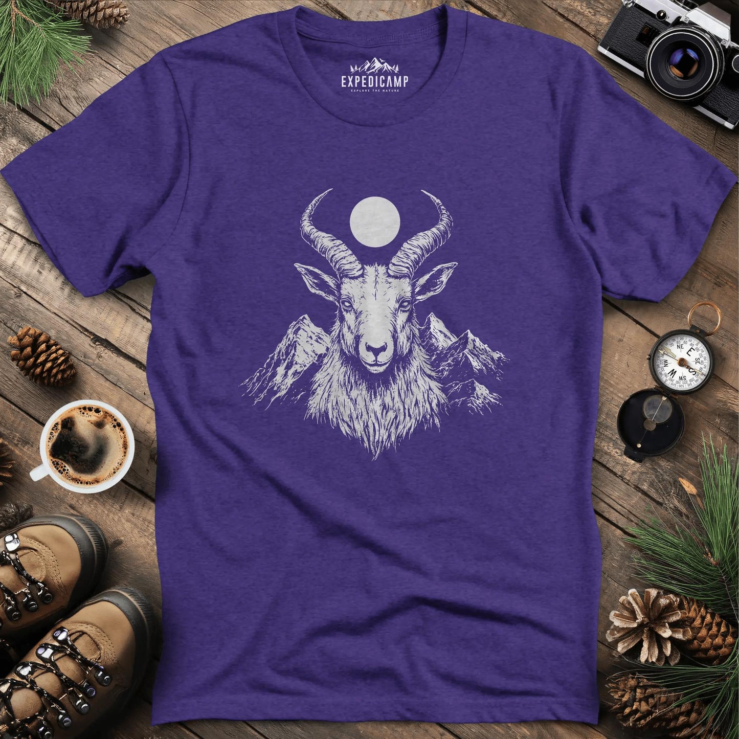 Mountain Goat Moon T-Shirt – Heather Purple – Outdoor apparel for travel, hiking, camping, and nature lovers – ExpediCamp