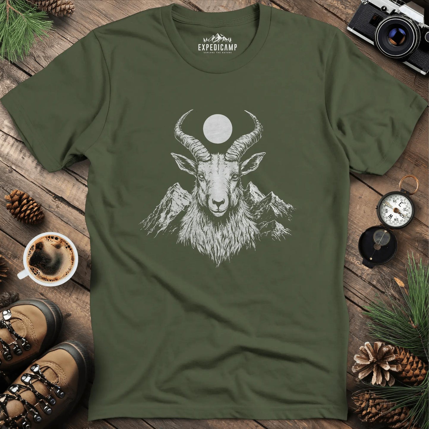 Mountain Goat Moon T-Shirt – Military Green – Outdoor apparel for travel, hiking, camping, and nature lovers – ExpediCamp