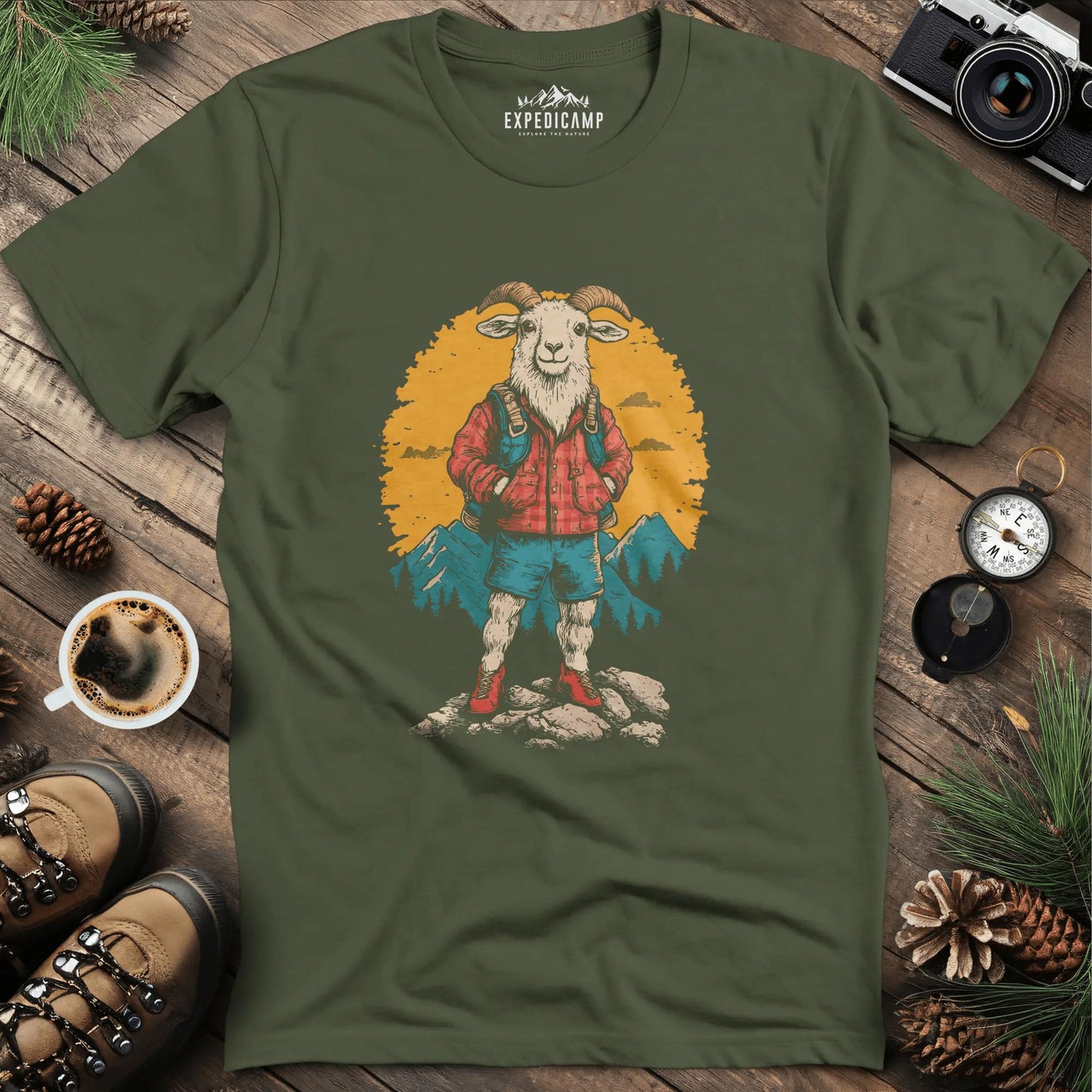 Mountain Goat T-Shirt – Outdoor Adventure Goat Design – Military Green – Outdoor apparel for travel, hiking, camping, and nature lovers – ExpediCamp