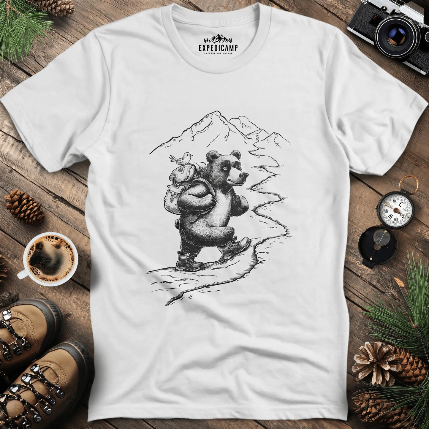 Mountain Hiking Bear Adventure T-Shirt – White – Outdoor apparel for travel, hiking, camping, and nature lovers – ExpediCamp
