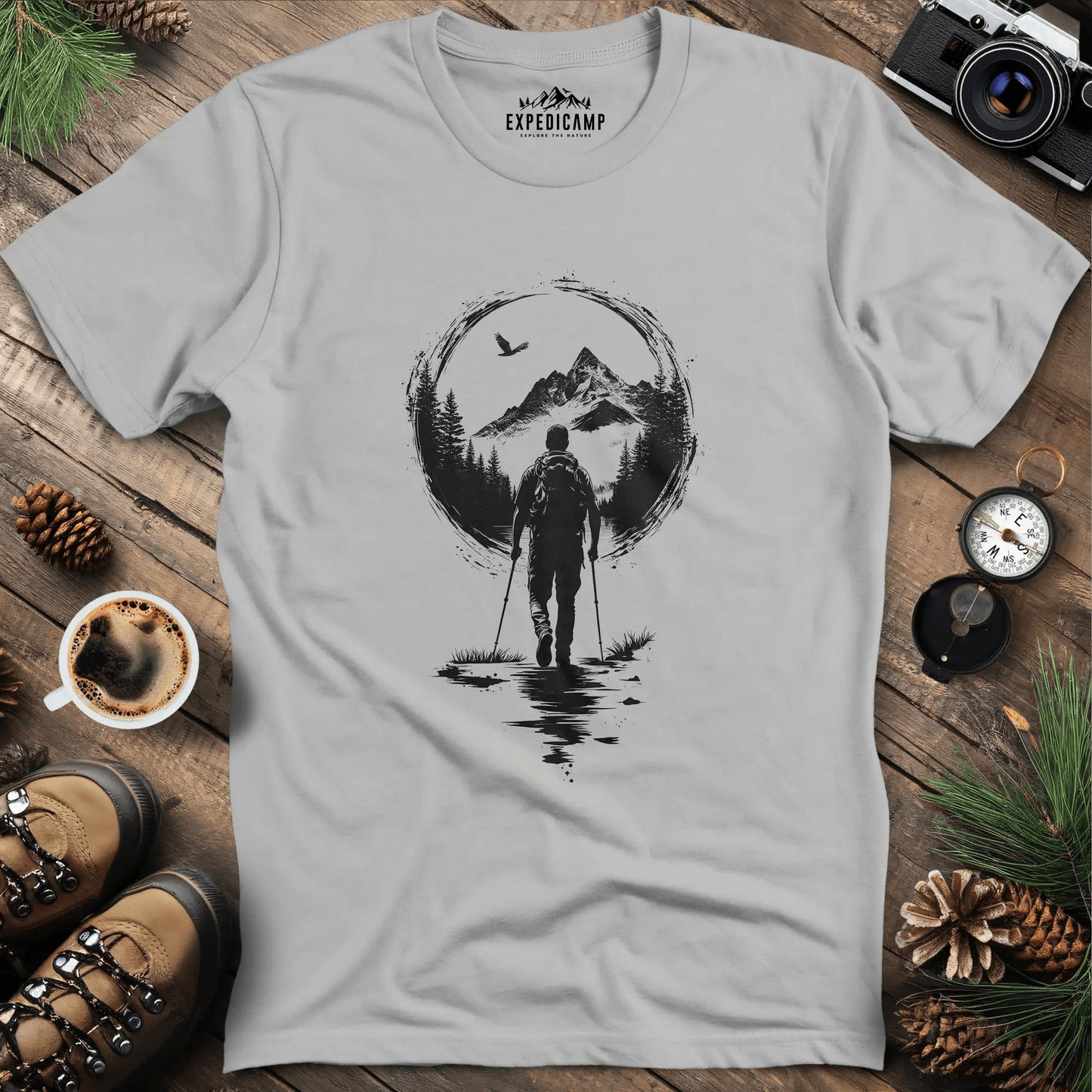 Mountain Moon Hiker T-Shirt – Ice Grey – Outdoor apparel for travel, hiking, camping, and nature lovers – ExpediCamp