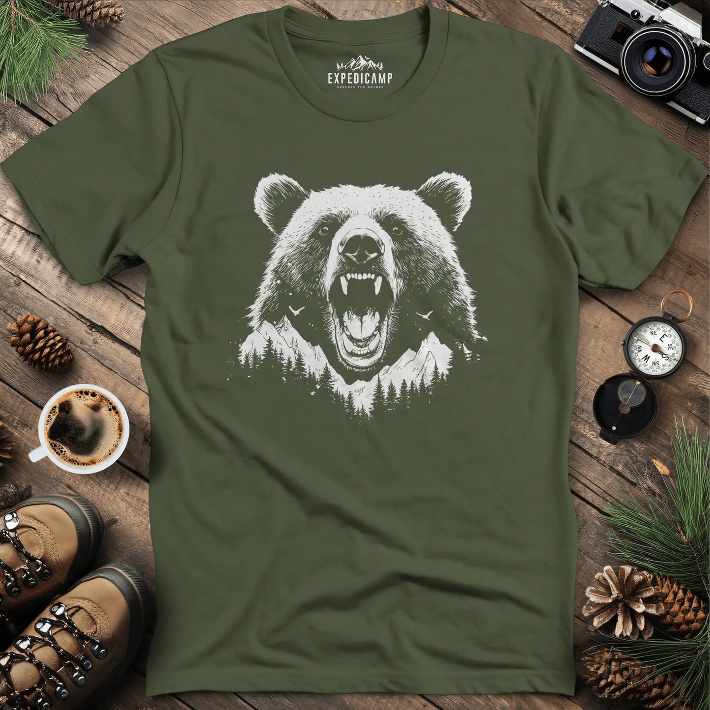Mountain Roaring Bear T-Shirt – Power of the Wilderness – Military Green – Outdoor apparel for travel, hiking, camping, and nature lovers – ExpediCamp