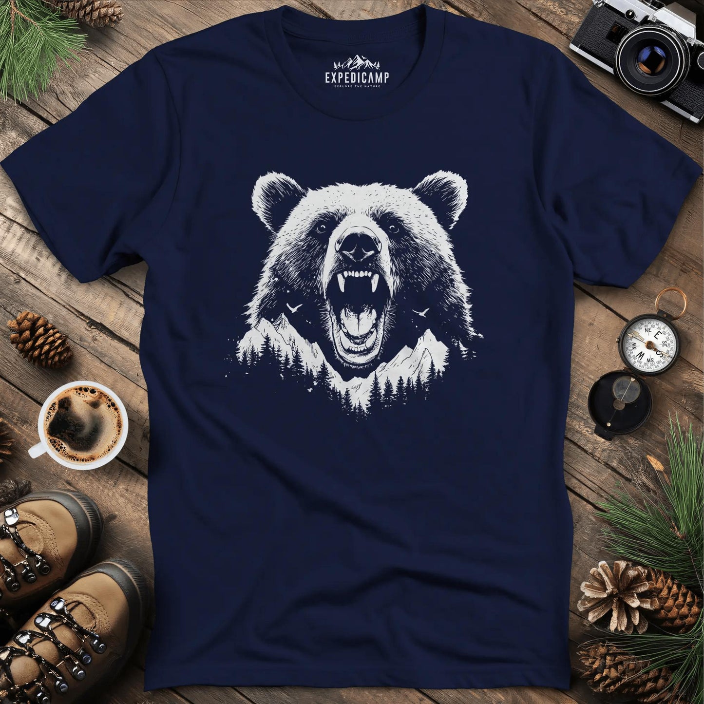 Mountain Roaring Bear T-Shirt – Power of the Wilderness – Navy – Outdoor apparel for travel, hiking, camping, and nature lovers – ExpediCamp