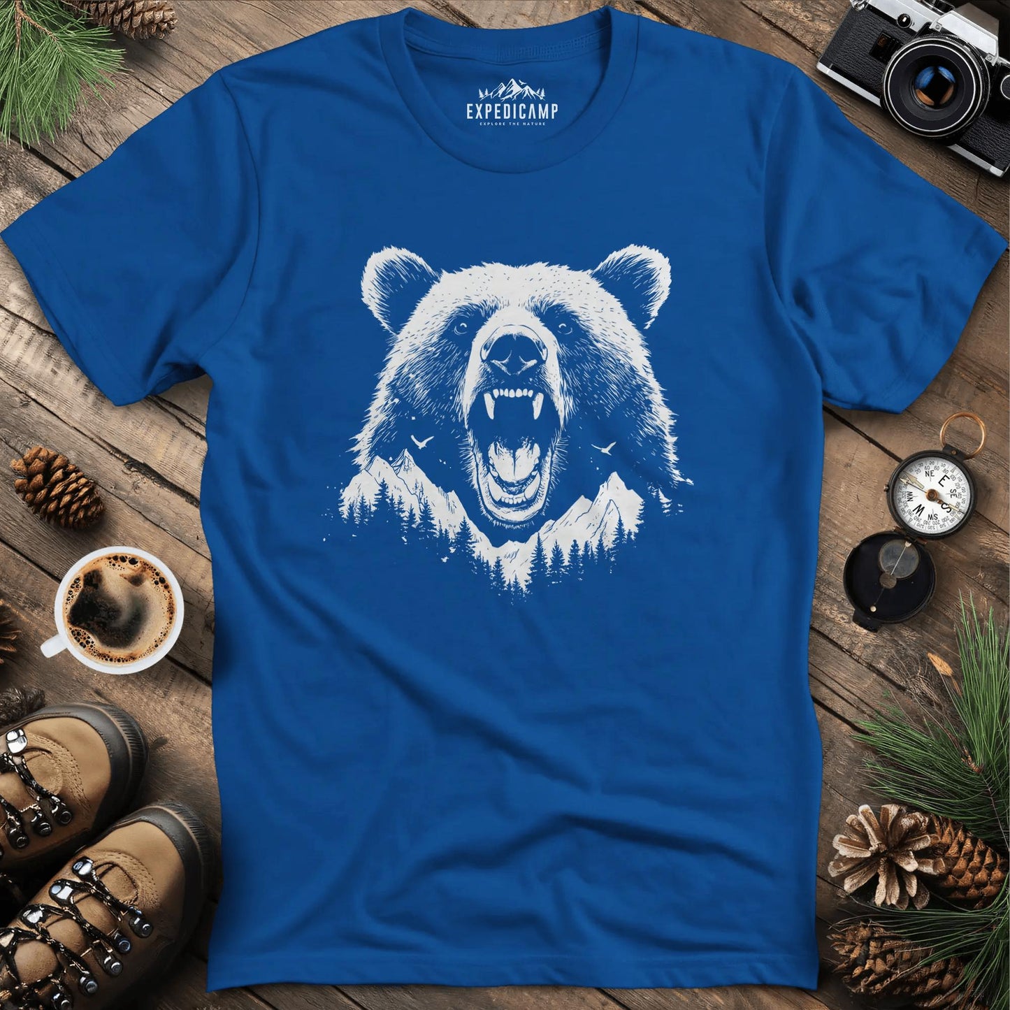 Mountain Roaring Bear T-Shirt – Power of the Wilderness – Royal – Outdoor apparel for travel, hiking, camping, and nature lovers – ExpediCamp