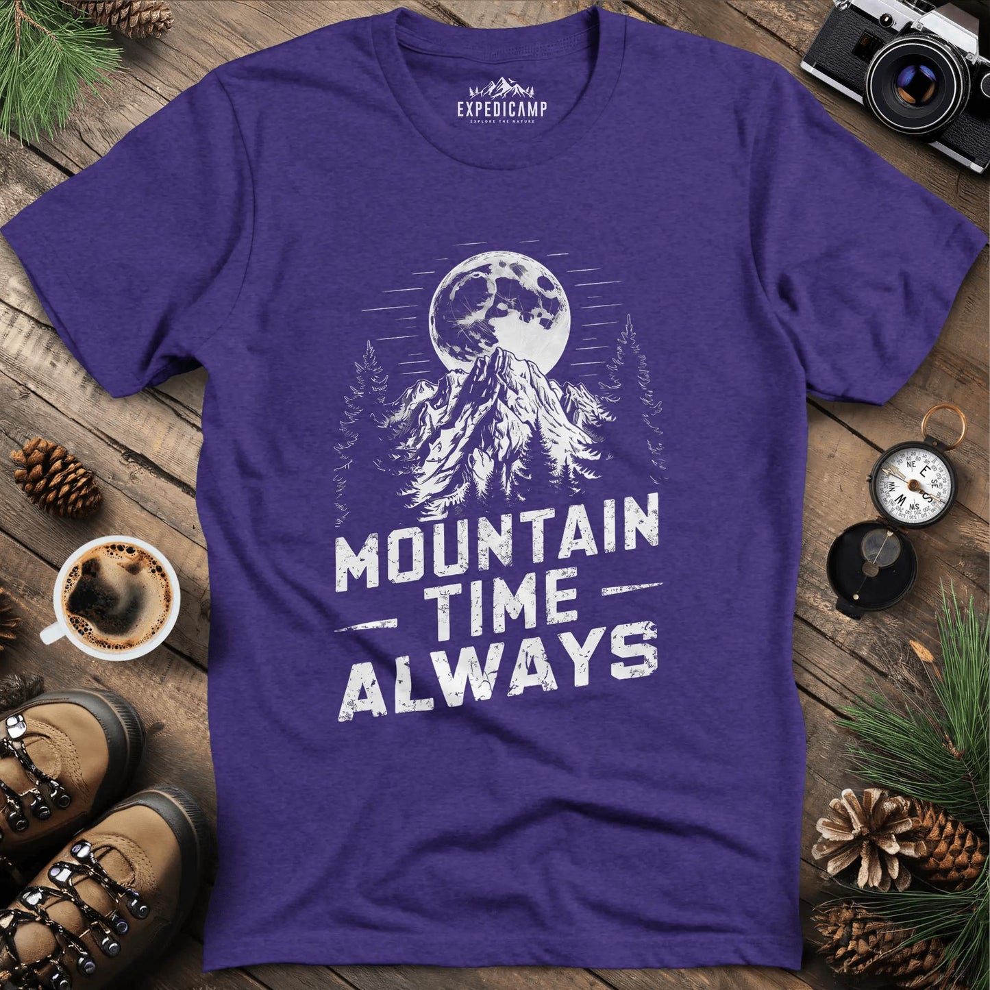 Mountain Time Always T-Shirt – Heather Purple – Outdoor apparel for travel, hiking, camping, and nature lovers – ExpediCamp