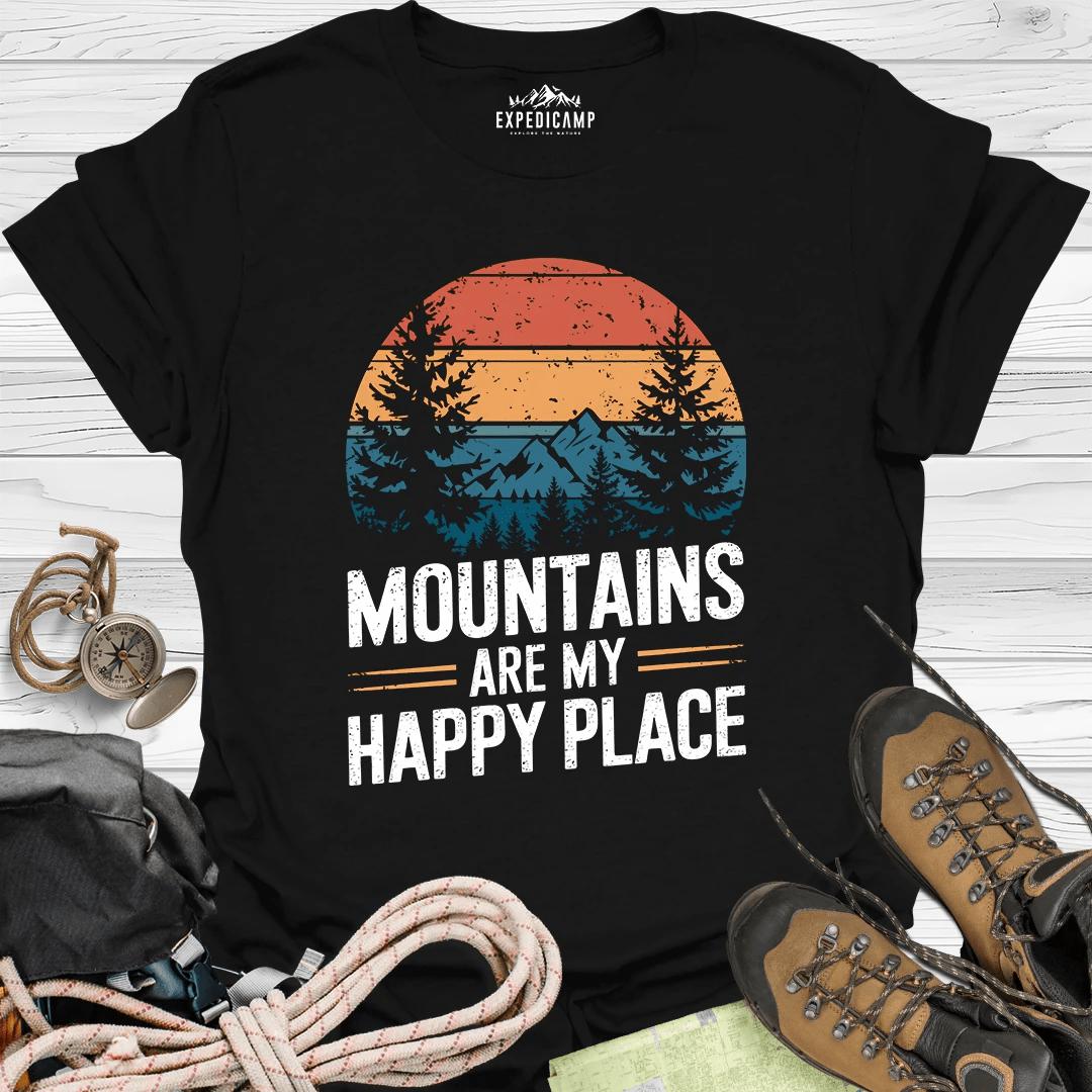 Mountains Are My Happy Place T-Shirt – Black – Outdoor apparel for travel, hiking, camping, and nature lovers – ExpediCamp