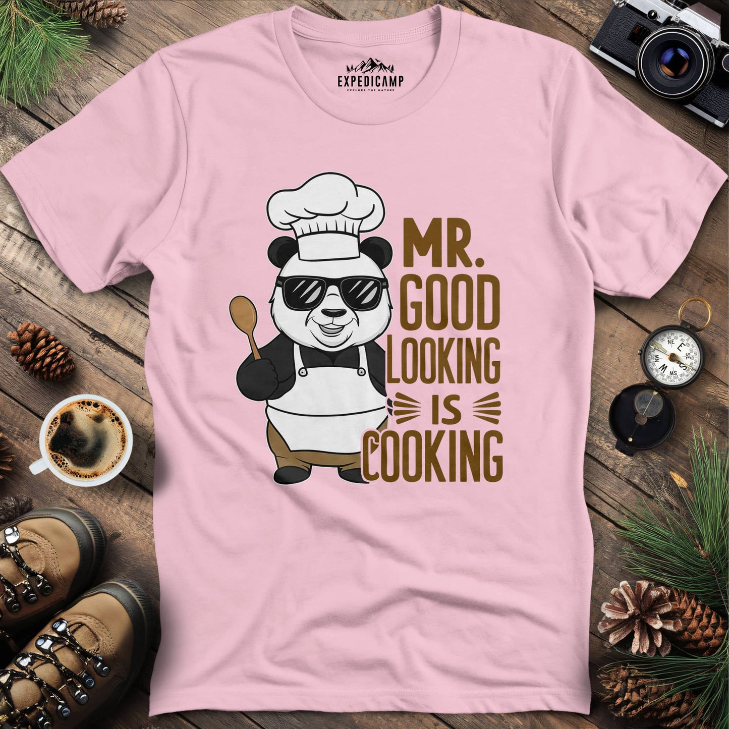Mr. Good Looking Is Cooking Panda T-Shirt – Light Pink – Outdoor apparel for travel, hiking, camping, and nature lovers – ExpediCamp
