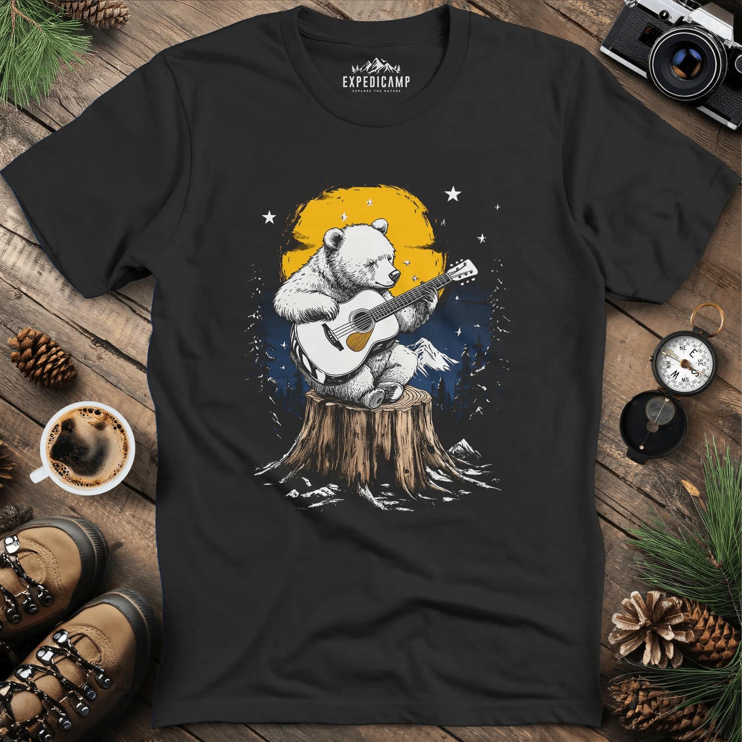Musical Bear Under Moonlight T-Shirt – Black – Outdoor apparel for travel, hiking, camping, and nature lovers – ExpediCamp