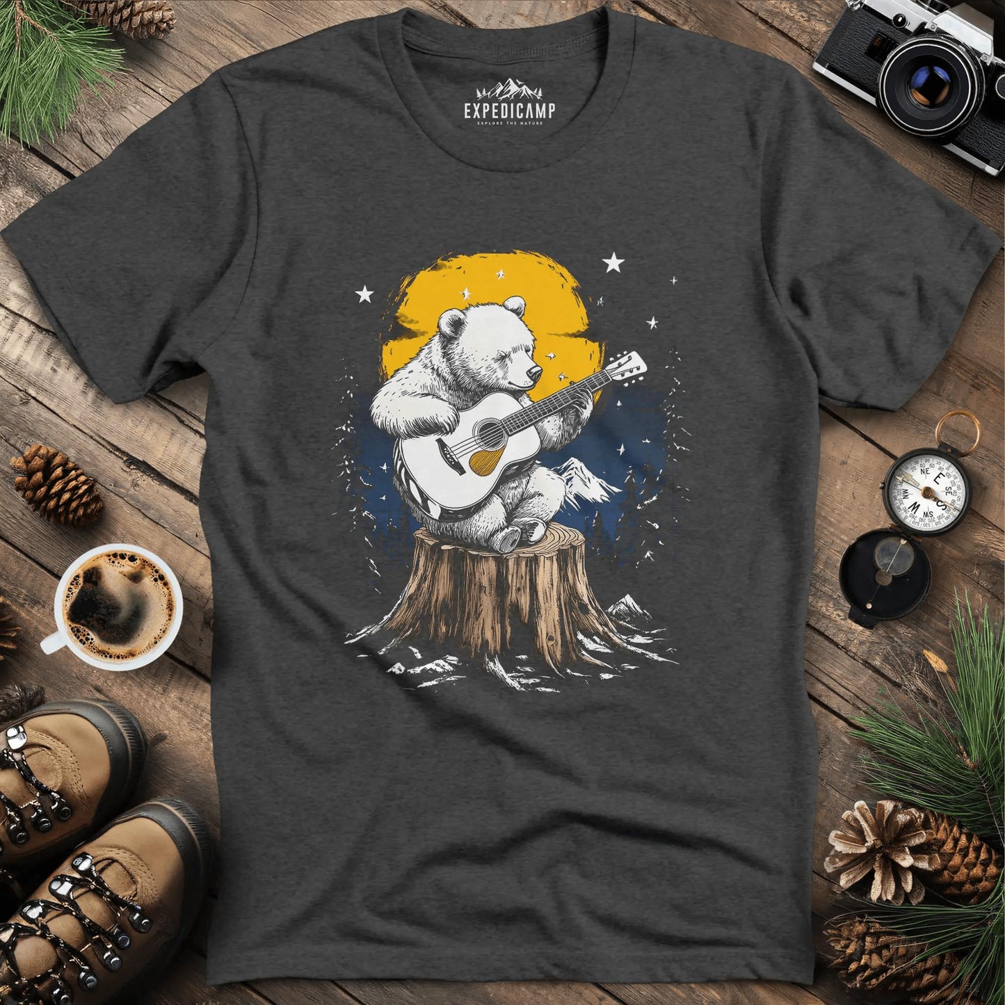 Musical Bear Under Moonlight T-Shirt – Dark Heather – Outdoor apparel for travel, hiking, camping, and nature lovers – ExpediCamp