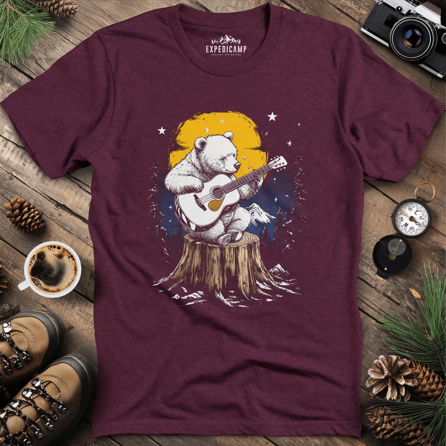 Musical Bear Under Moonlight T-Shirt – Heather Maroon – Outdoor apparel for travel, hiking, camping, and nature lovers – ExpediCamp
