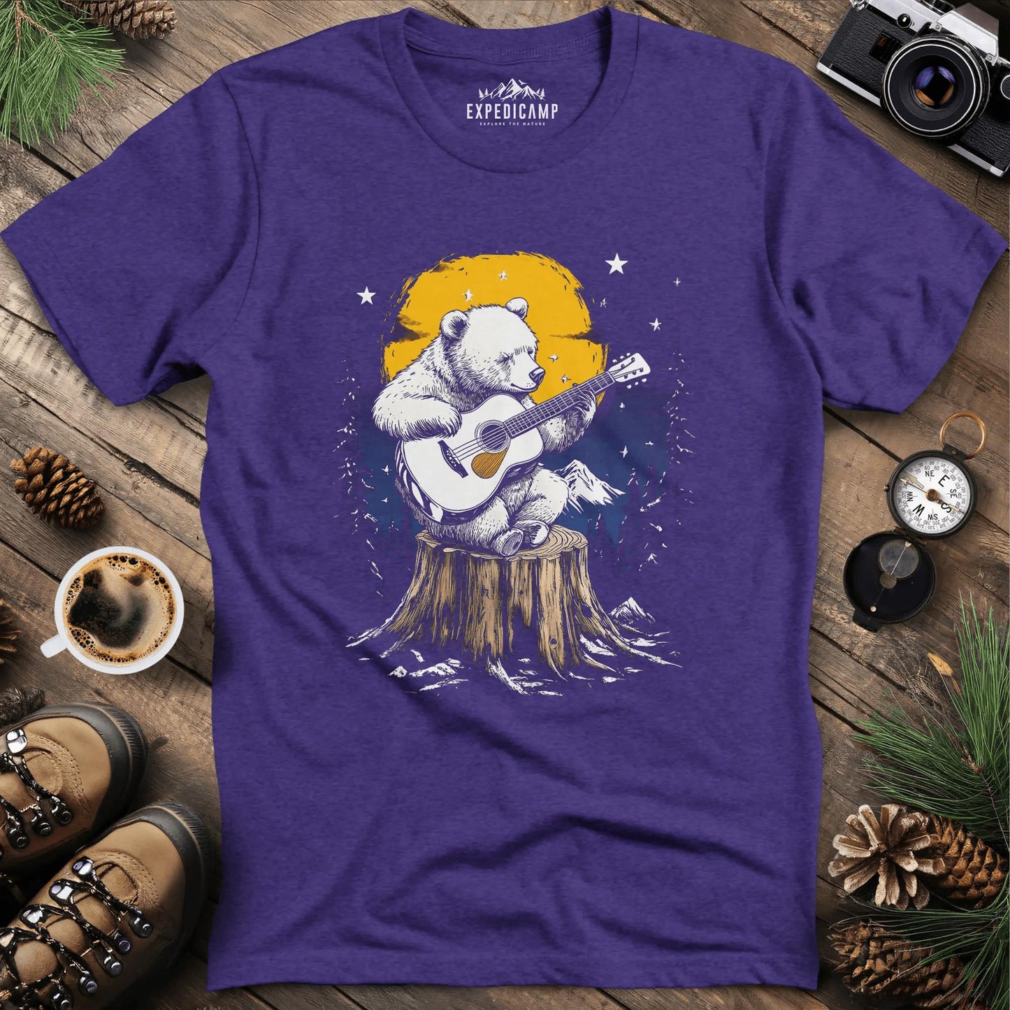 Musical Bear Under Moonlight T-Shirt – Heather Purple – Outdoor apparel for travel, hiking, camping, and nature lovers – ExpediCamp