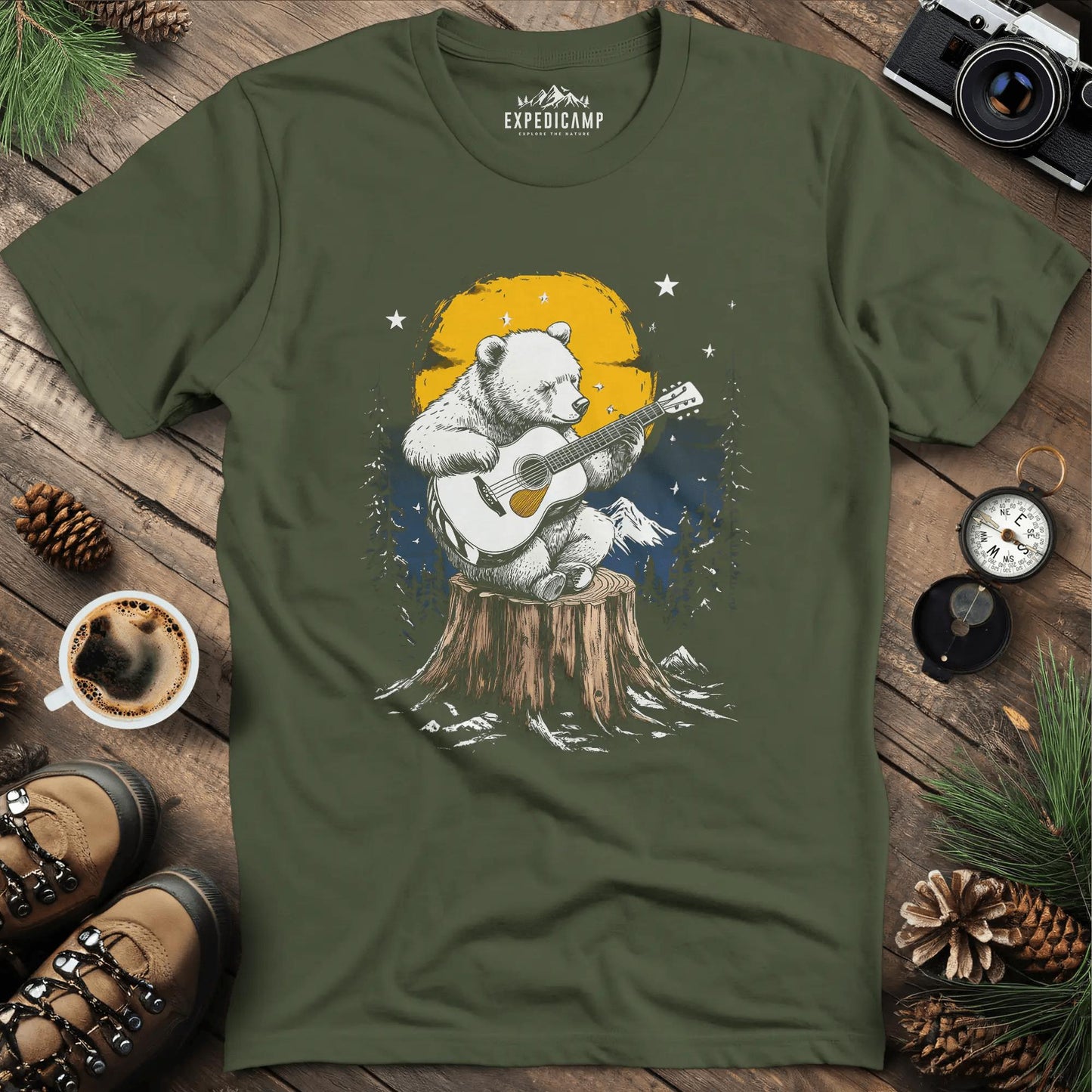 Musical Bear Under Moonlight T-Shirt – Military Green – Outdoor apparel for travel, hiking, camping, and nature lovers – ExpediCamp