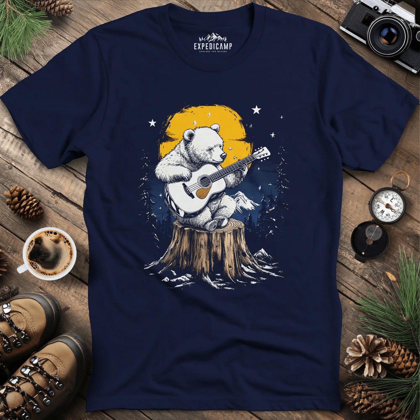 Musical Bear Under Moonlight T-Shirt – Navy – Outdoor apparel for travel, hiking, camping, and nature lovers – ExpediCamp