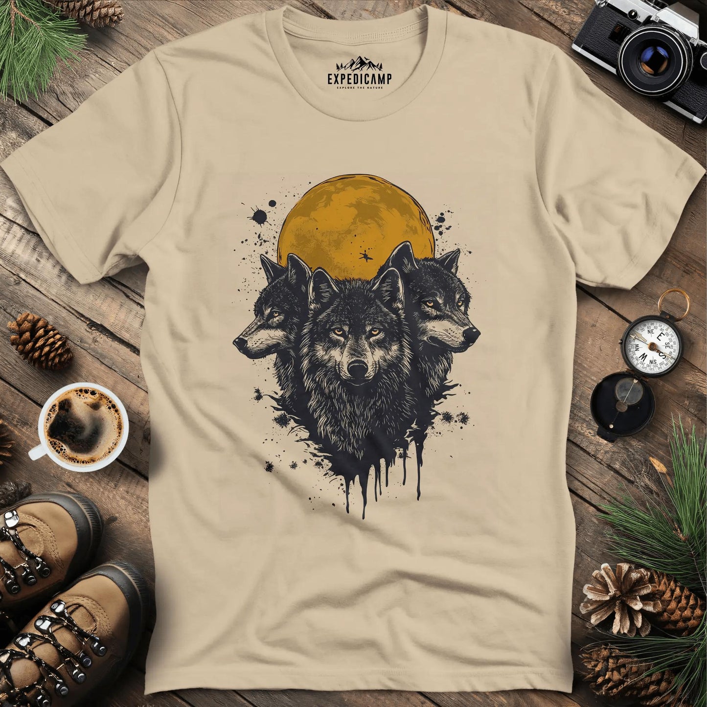 Mystic Wolves and Full Moon T-Shirt – Sand – Outdoor apparel for travel, hiking, camping, and nature lovers – ExpediCamp