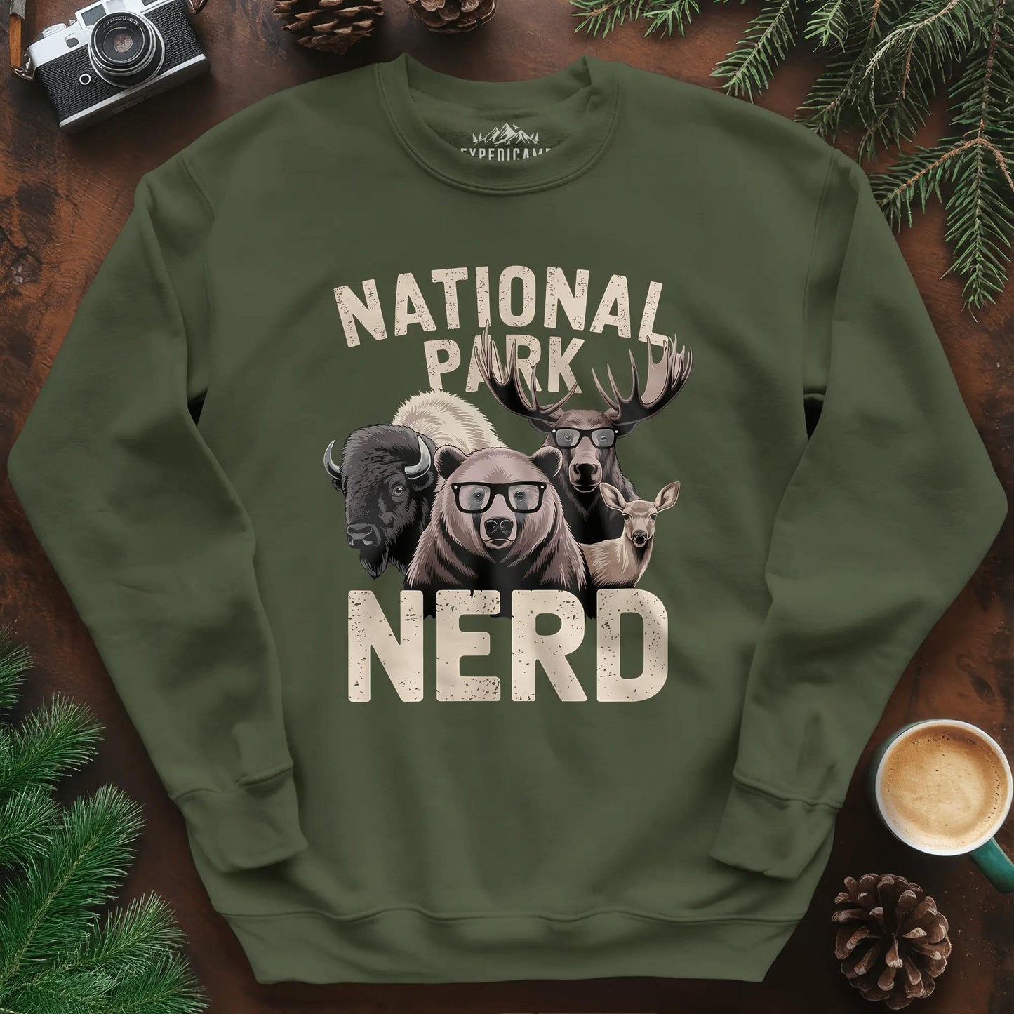 National Park Nerd Sweatshirt – Military Green – Outdoor apparel for travel, hiking, camping, and nature lovers – ExpediCamp