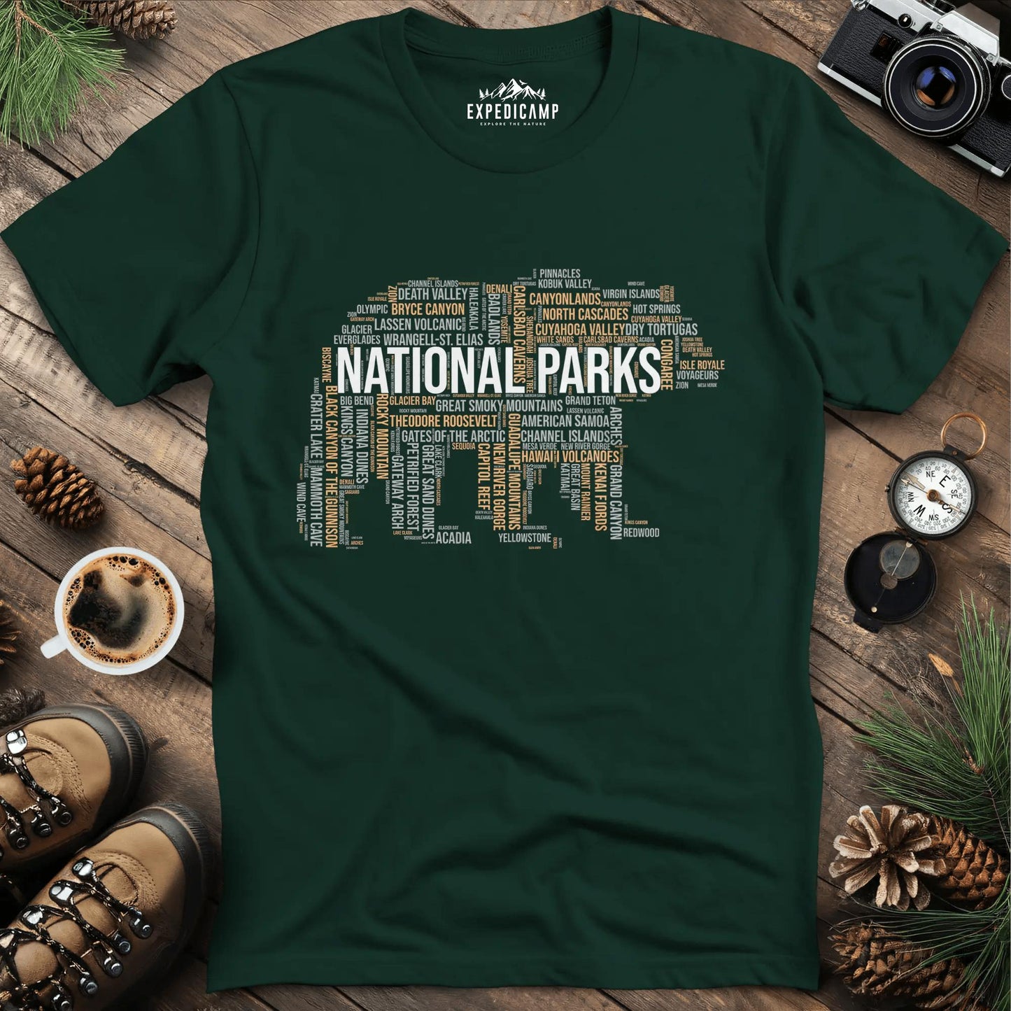 National Parks Bear T-Shirt - Explore the USA – Forest Green – Outdoor apparel for travel, hiking, camping, and nature lovers – ExpediCamp