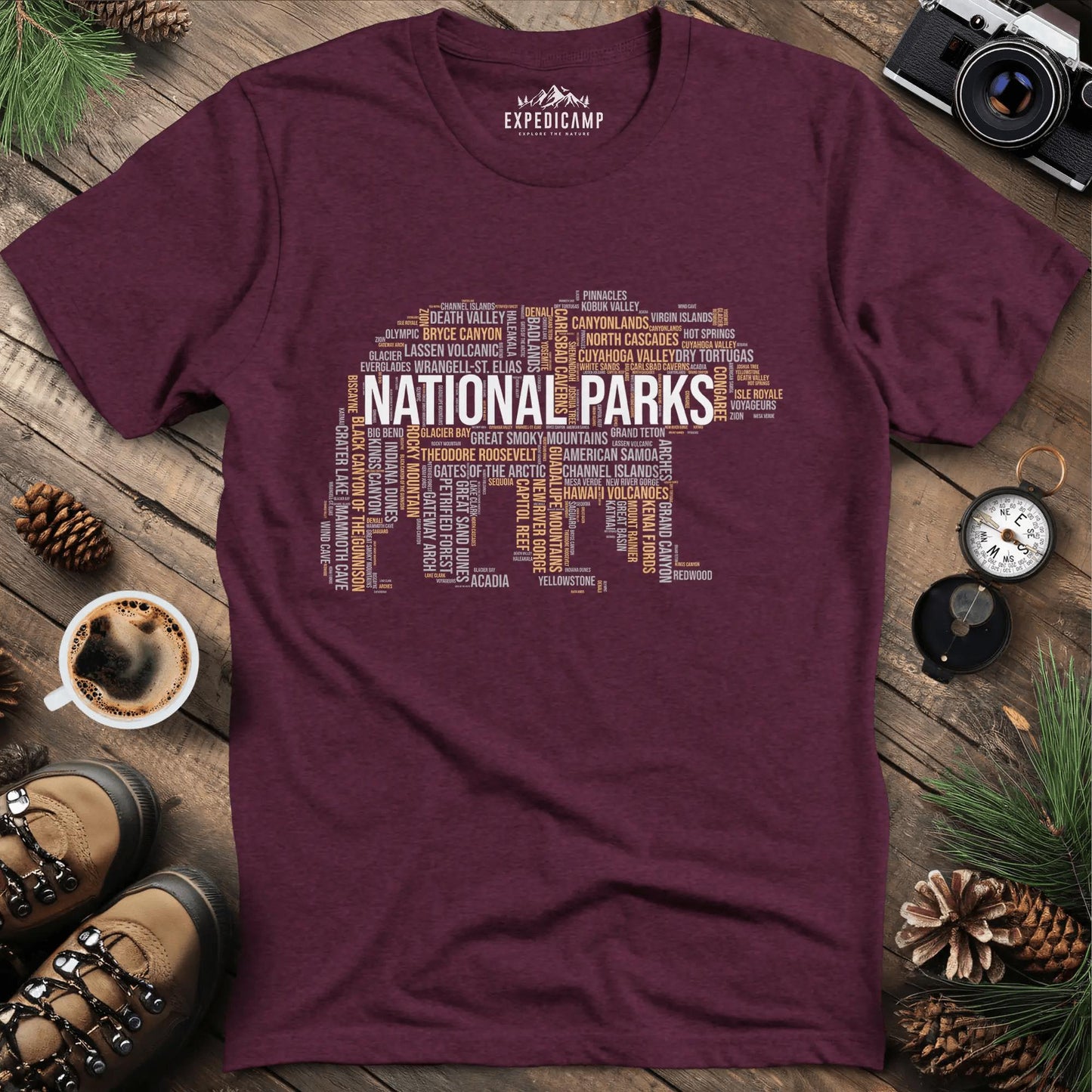National Parks Bear T-Shirt - Explore the USA – Heather Maroon – Outdoor apparel for travel, hiking, camping, and nature lovers – ExpediCamp