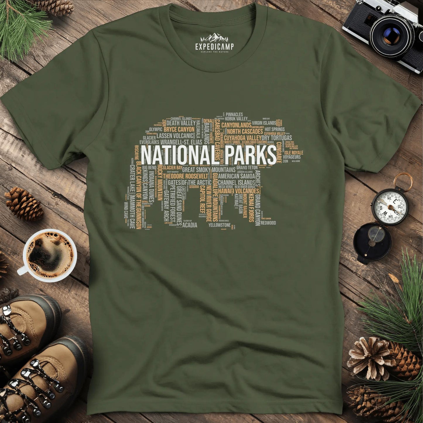 National Parks Bear T-Shirt - Explore the USA – Military Green – Outdoor apparel for travel, hiking, camping, and nature lovers – ExpediCamp