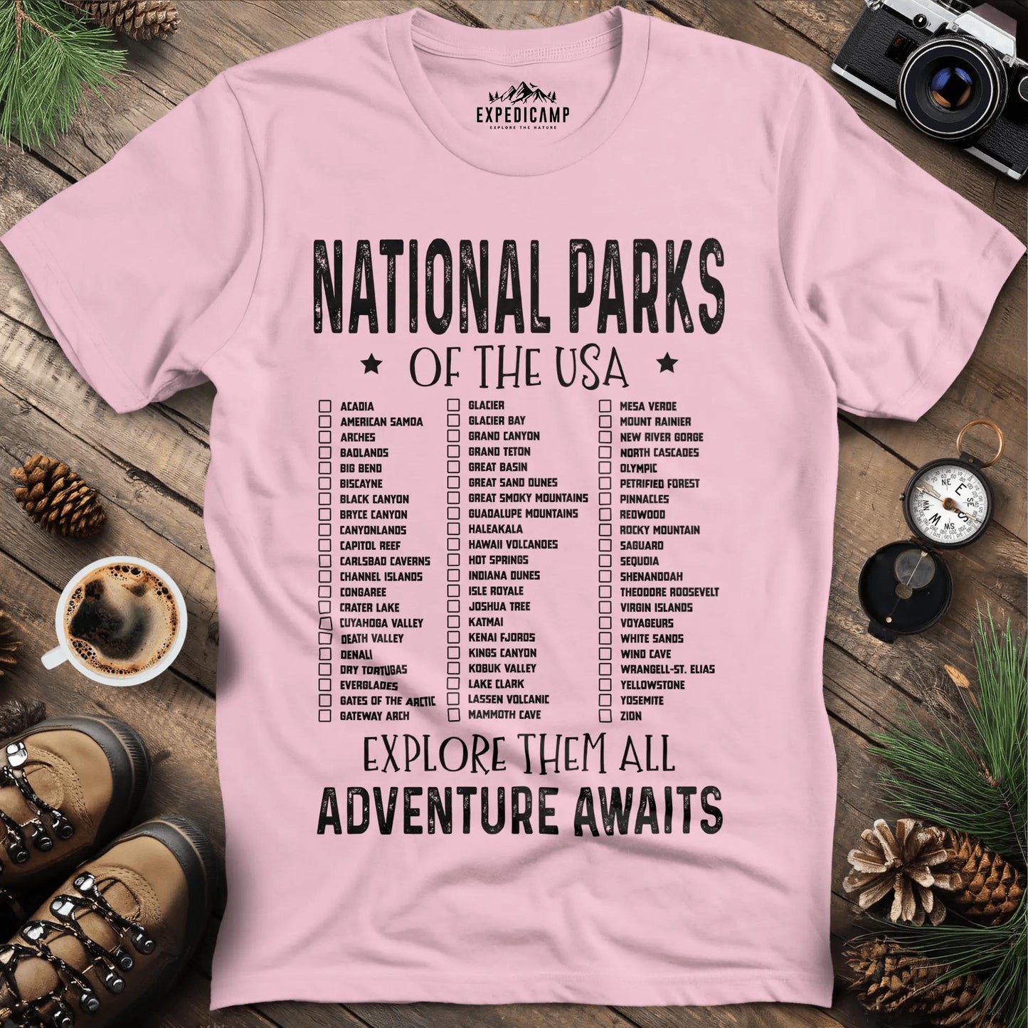 National Parks of the USA Checklist T-Shirt – Light Pink – Outdoor apparel for travel, hiking, camping, and nature lovers – ExpediCamp