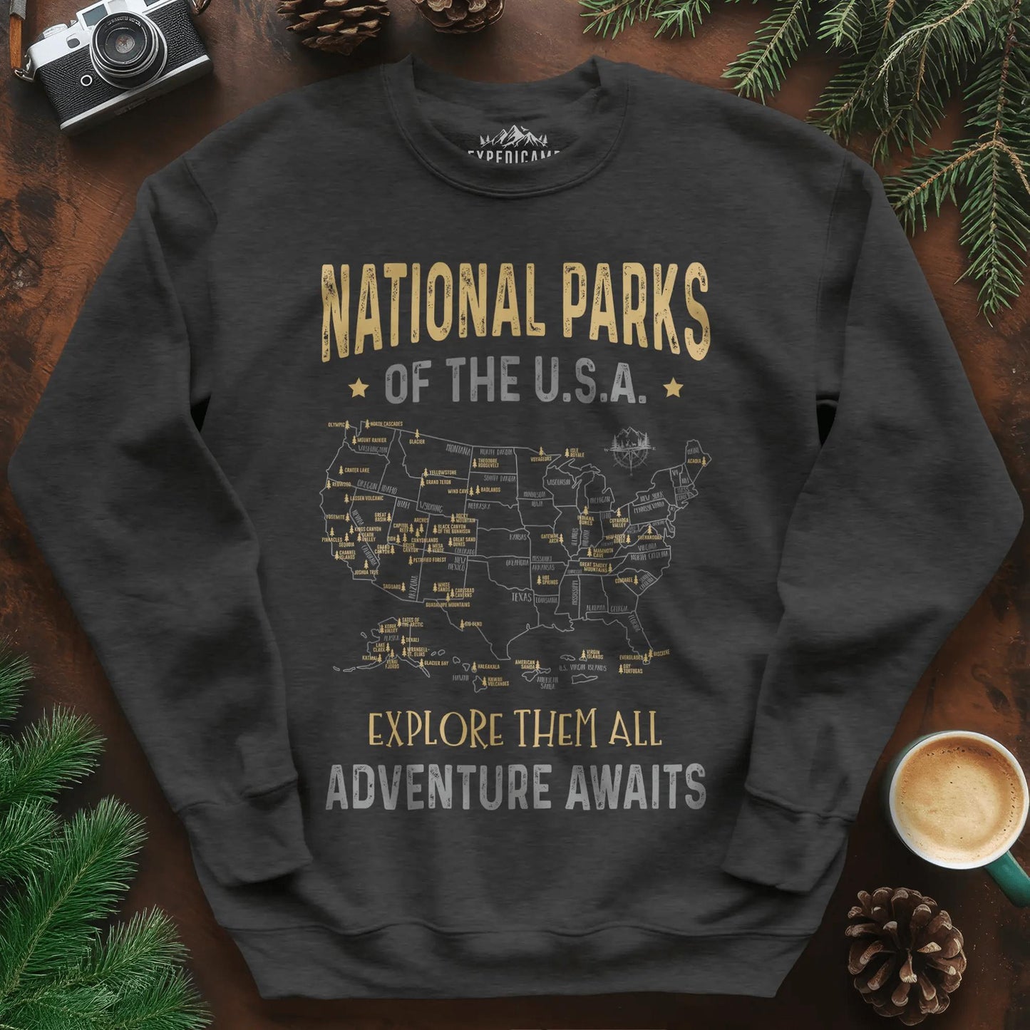 National Parks of the USA Map Sweatshirt – Explore Them All – Dark Heather – Outdoor apparel for travel, hiking, camping, and nature lovers – ExpediCamp