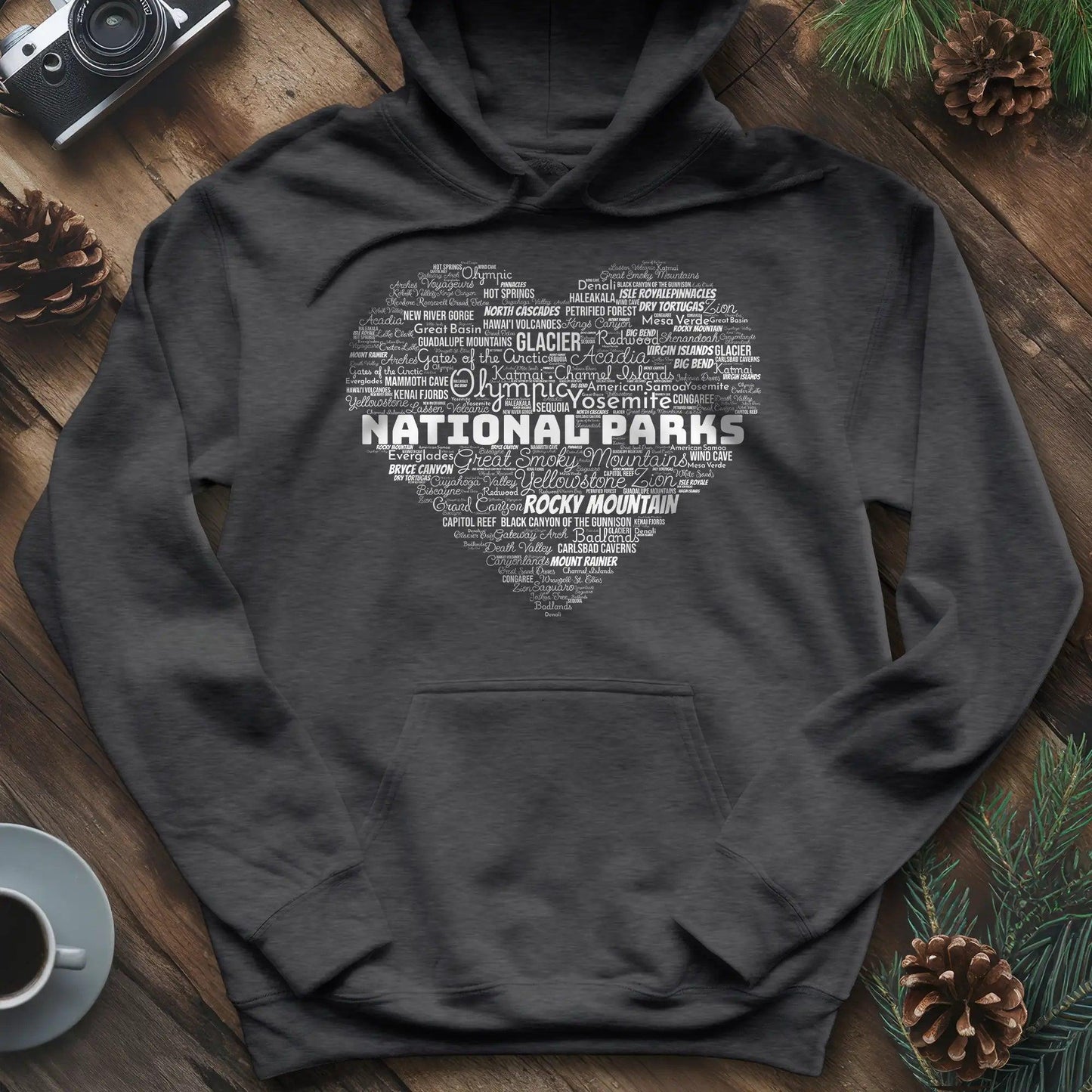 National Parks Word Art Heart Hoodie – Dark Heather – Outdoor apparel for travel, hiking, camping, and nature lovers – ExpediCamp
