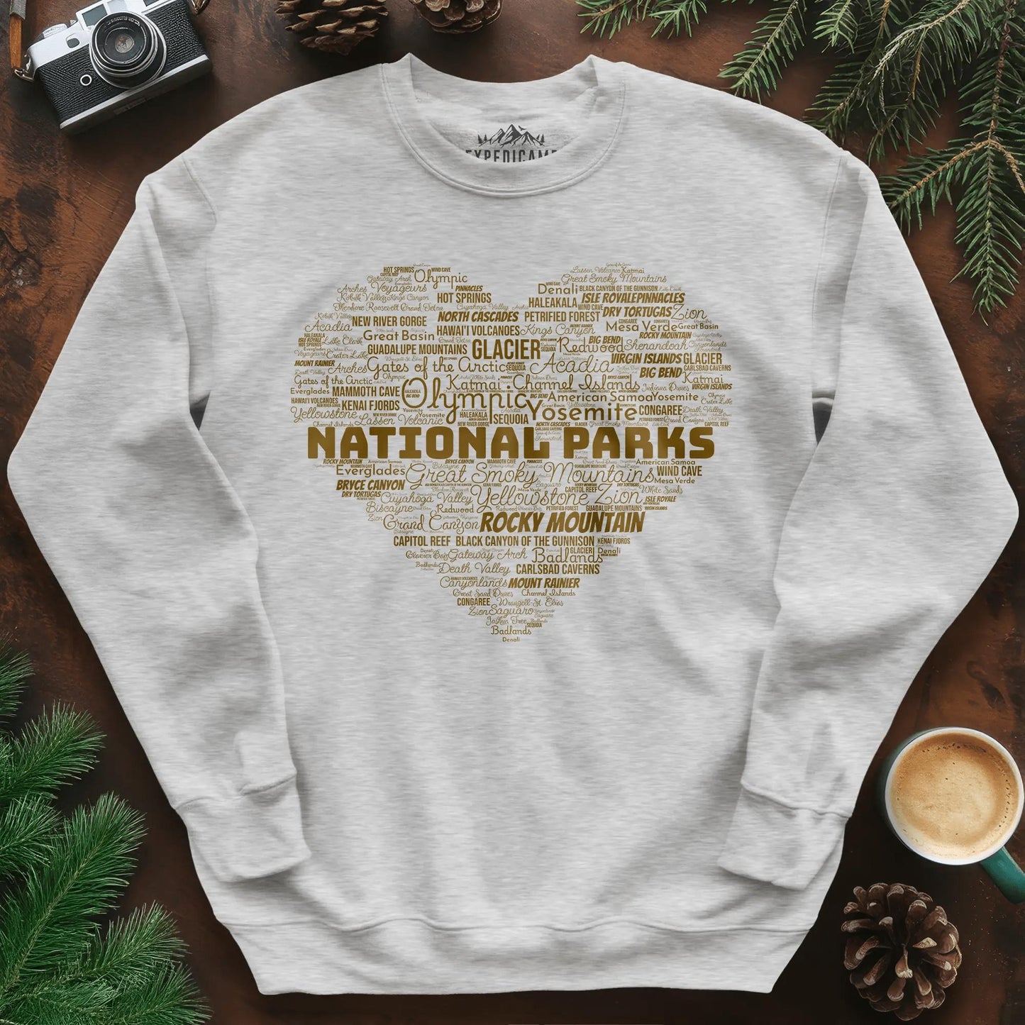 National Parks Word Art Heart Sweatshirt – Ash – Outdoor apparel for travel, hiking, camping, and nature lovers – ExpediCamp