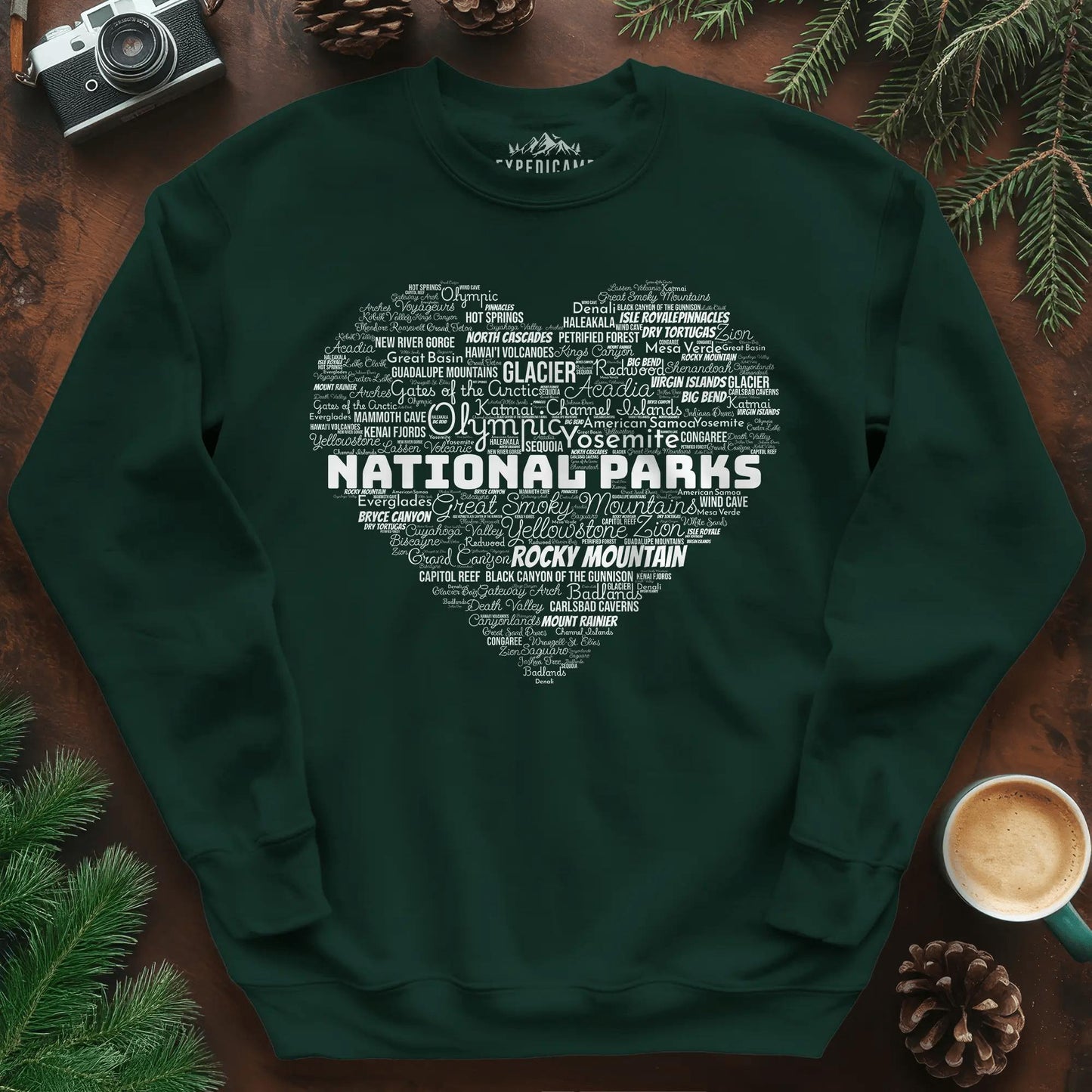 National Parks Word Art Heart Sweatshirt – Forest Green – Outdoor apparel for travel, hiking, camping, and nature lovers – ExpediCamp