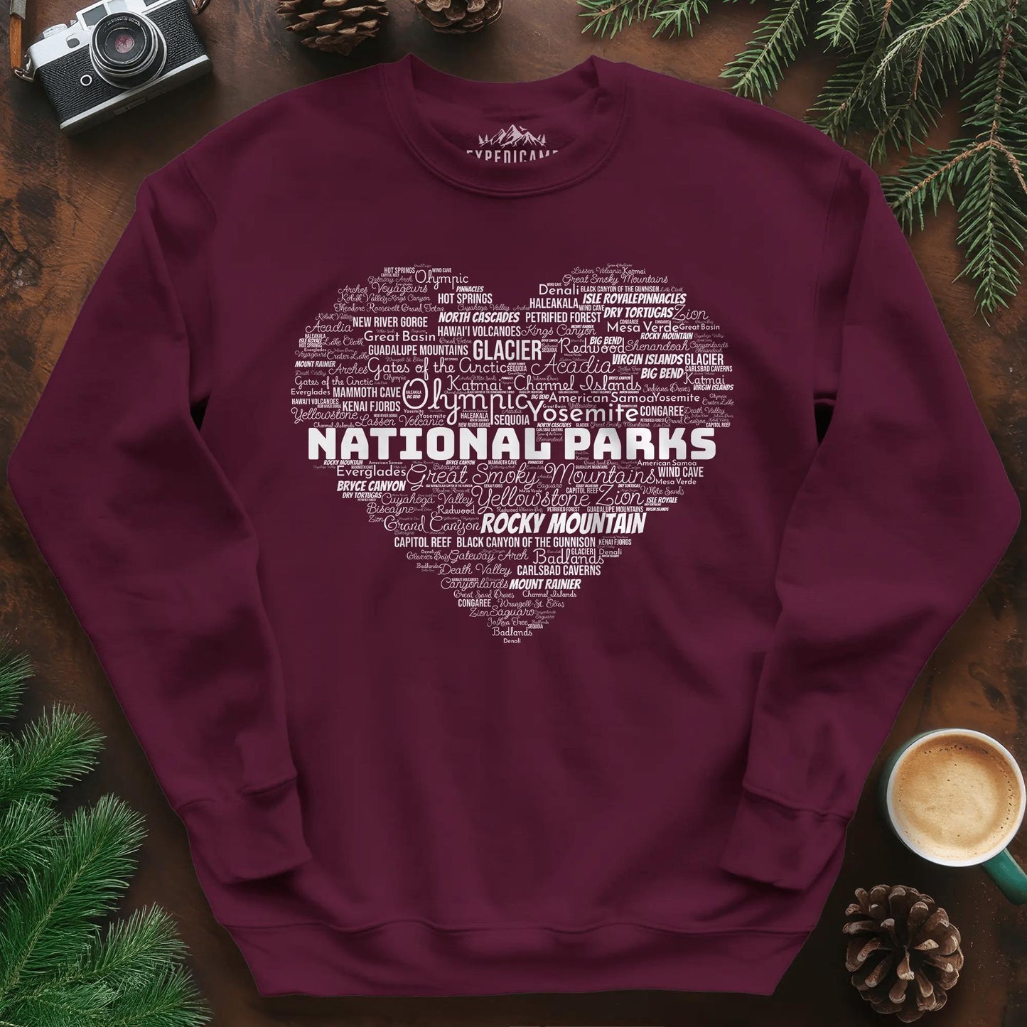 National Parks Word Art Heart Sweatshirt – Maroon – Outdoor apparel for travel, hiking, camping, and nature lovers – ExpediCamp