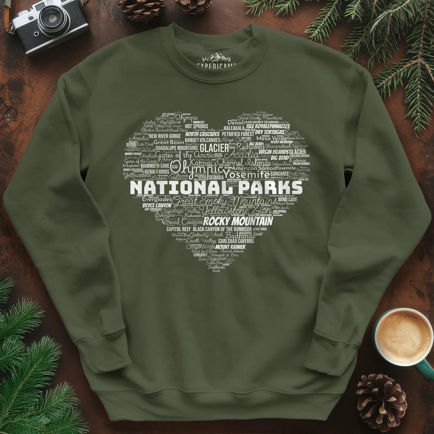 National Parks Word Art Heart Sweatshirt – Military Green – Outdoor apparel for travel, hiking, camping, and nature lovers – ExpediCamp