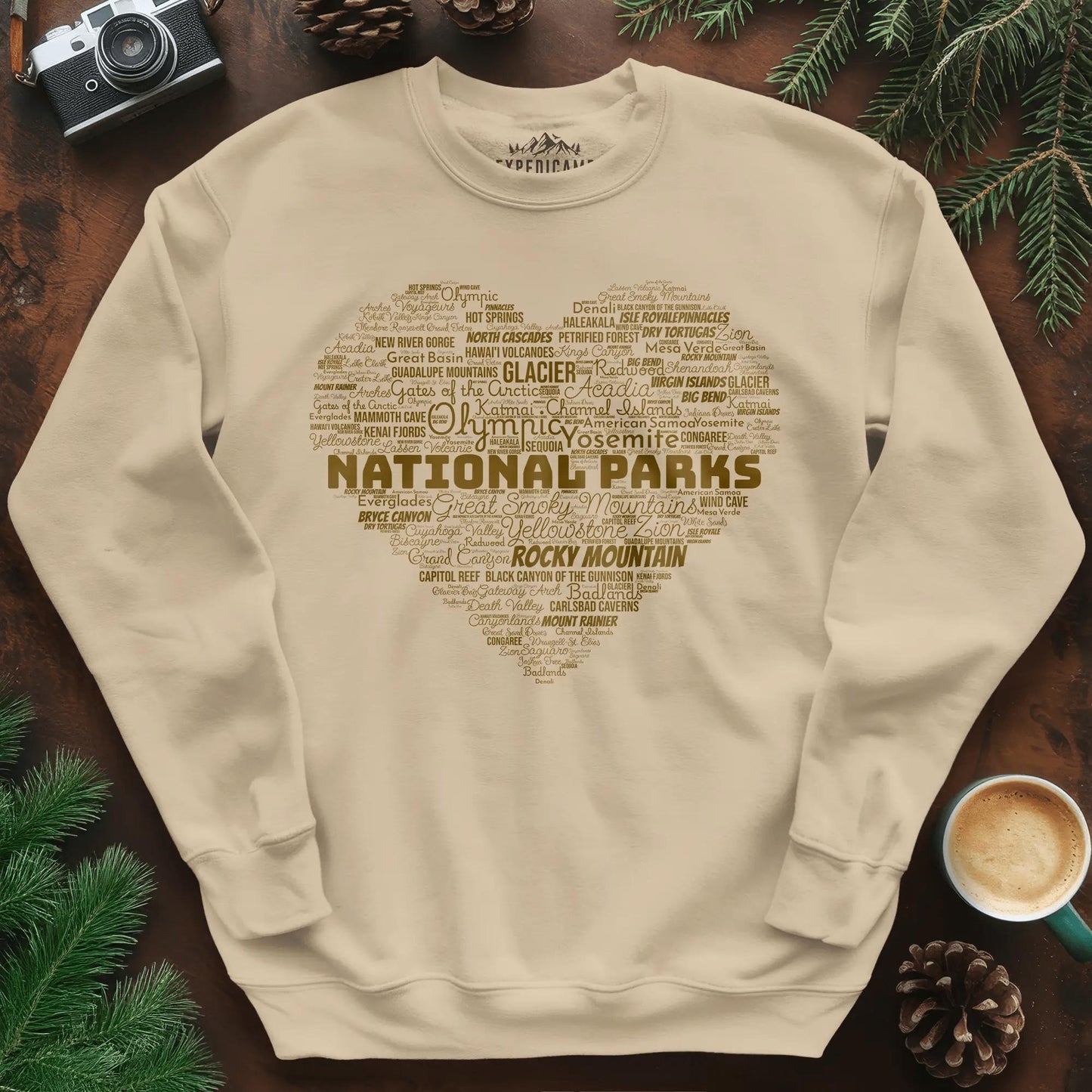 National Parks Word Art Heart Sweatshirt – Sand – Outdoor apparel for travel, hiking, camping, and nature lovers – ExpediCamp