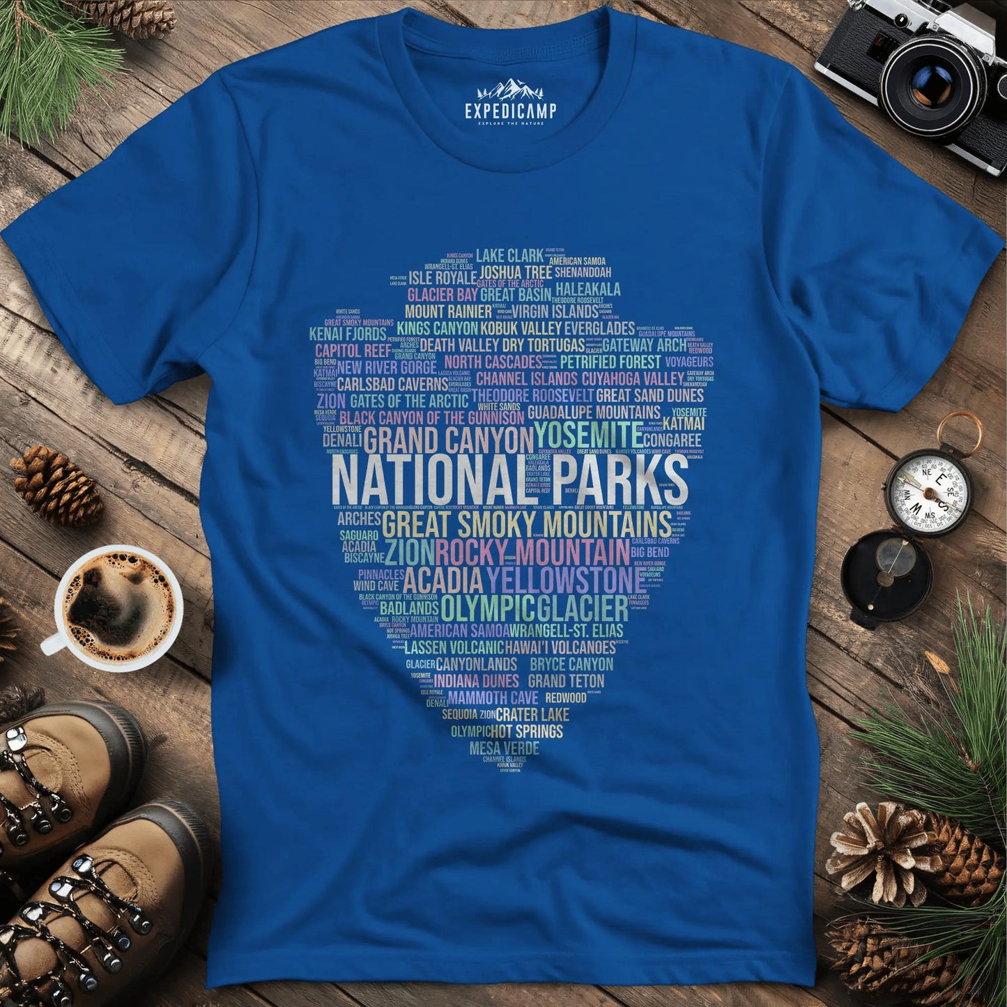 National Parks Word Art T-Shirt for Nature Lovers – Royal – Outdoor apparel for travel, hiking, camping, and nature lovers – ExpediCamp