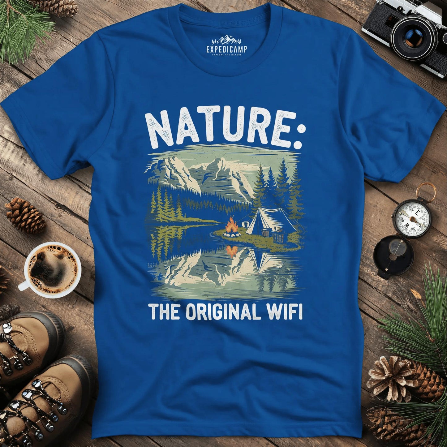 Nature: The Original WiFi T-Shirt – Royal – Outdoor apparel for travel, hiking, camping, and nature lovers – ExpediCamp