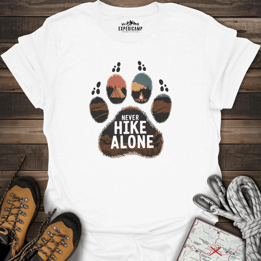 Never Hike Alone T-Shirt – White – Outdoor apparel for travel, hiking, camping, and nature lovers – ExpediCamp