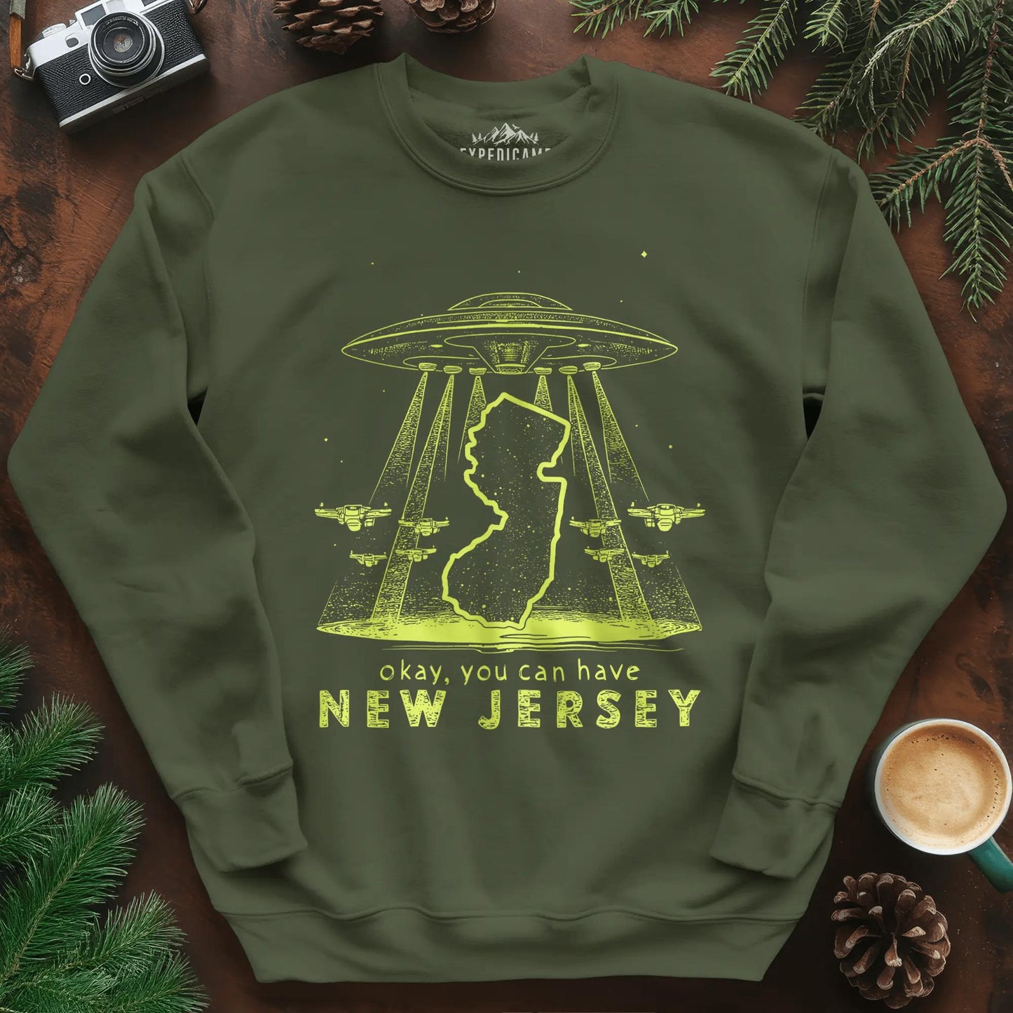 New Jersey UFO Sweatshirt – Military Green – Outdoor apparel for travel, hiking, camping, and nature lovers – ExpediCamp